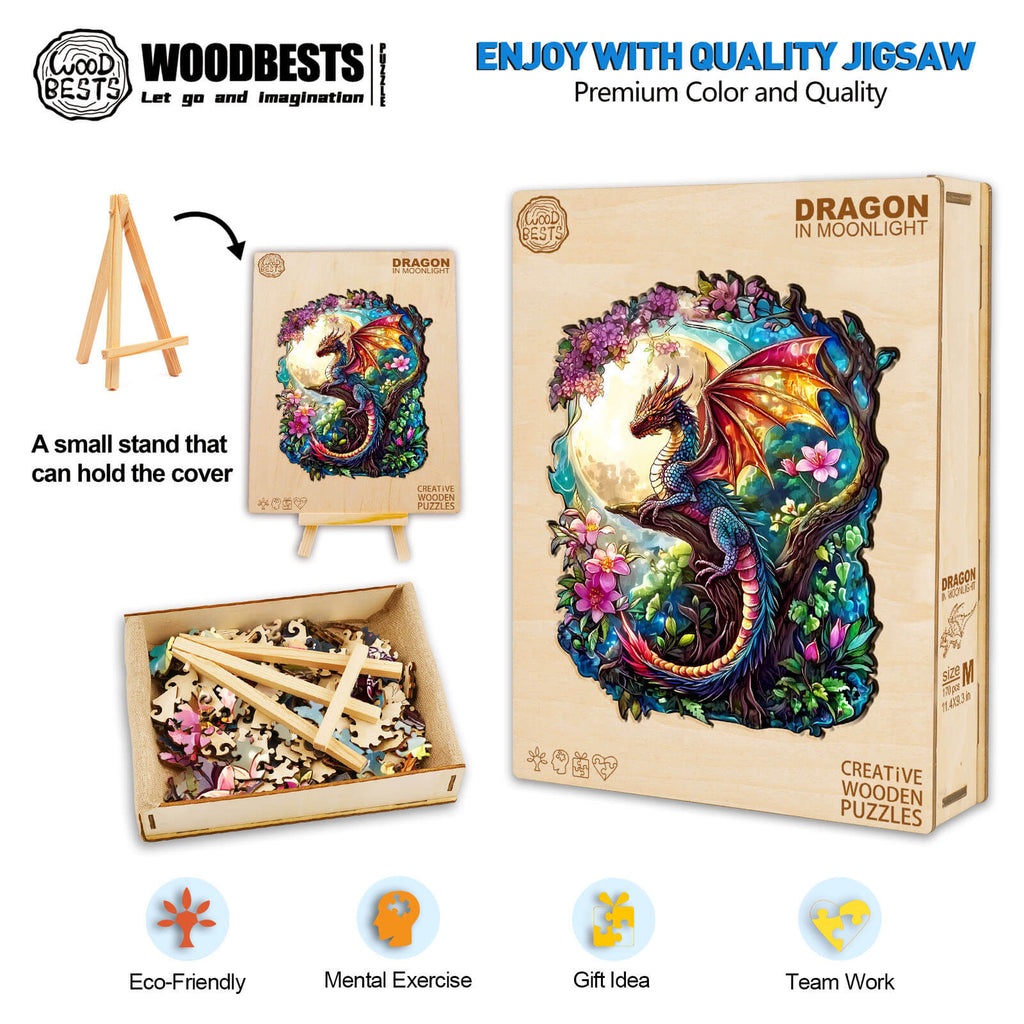 Dragon in Moonlight wooden jigsaw puzzle, eco-friendly, mental exercise, great gift idea for puzzle lovers.