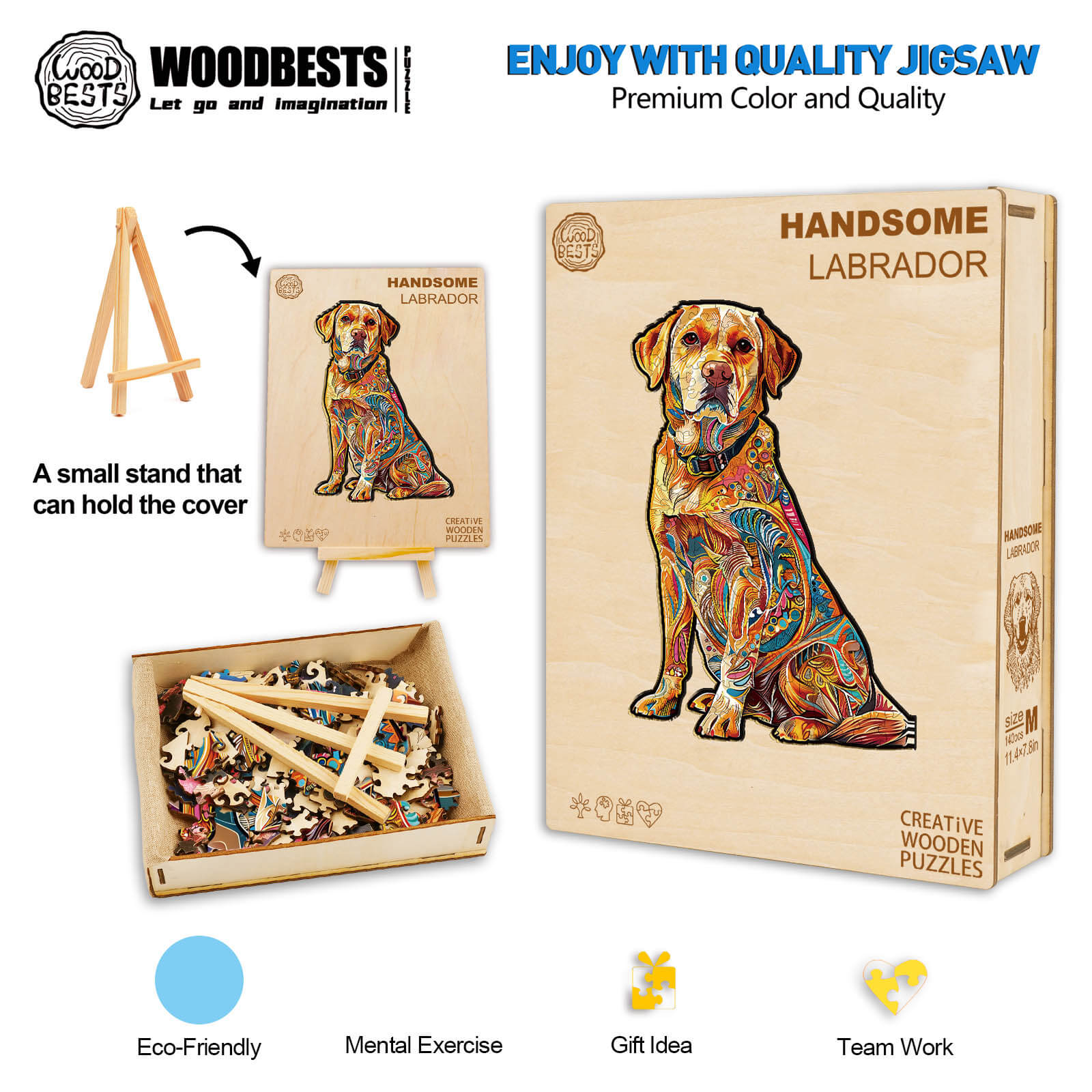 Handsome Labrador wooden jigsaw puzzle set with vibrant artwork, eco-friendly materials, and a small stand for display.