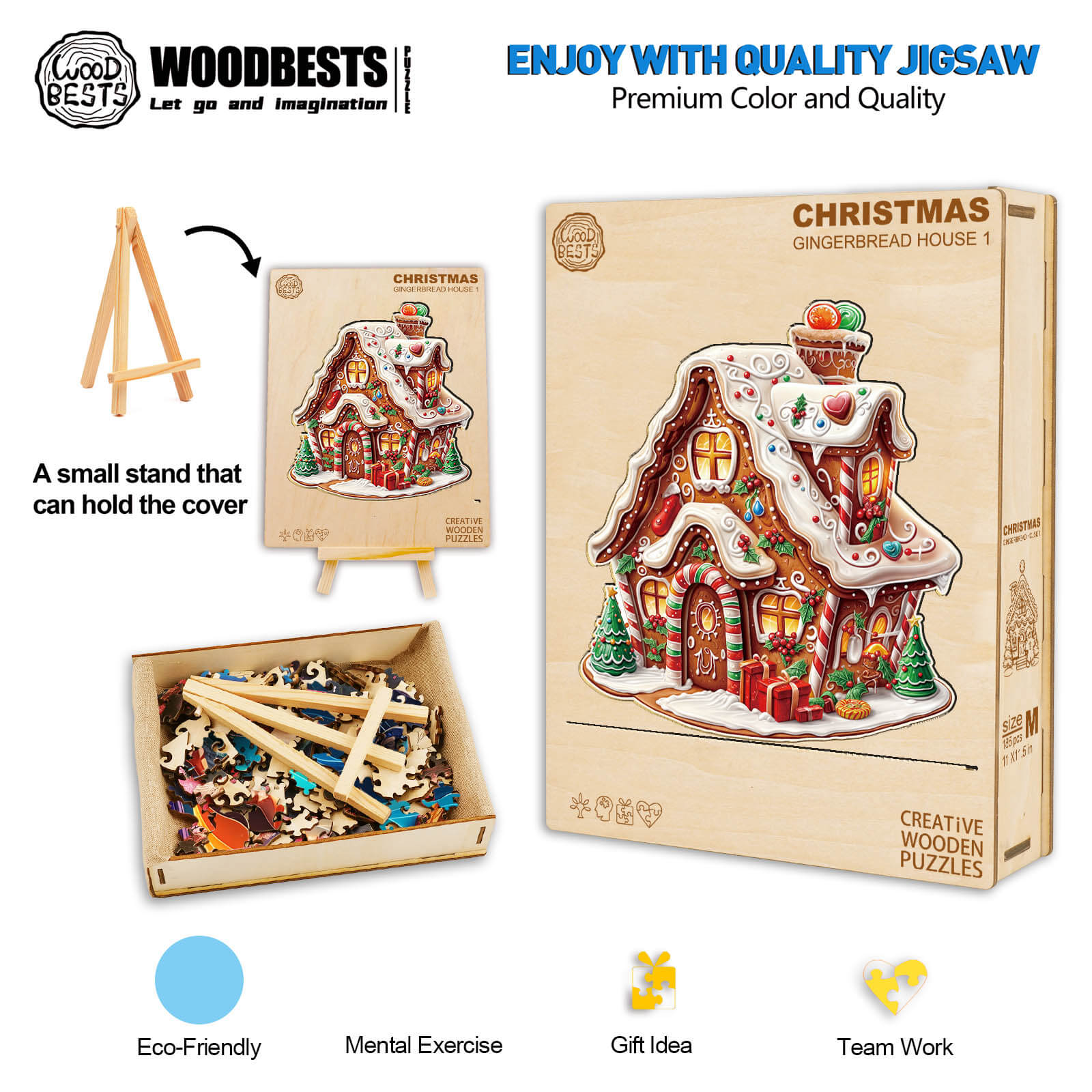 Christmas Gingerbread House wooden jigsaw puzzle set, eco-friendly, mental exercise, perfect gift for puzzle lovers.