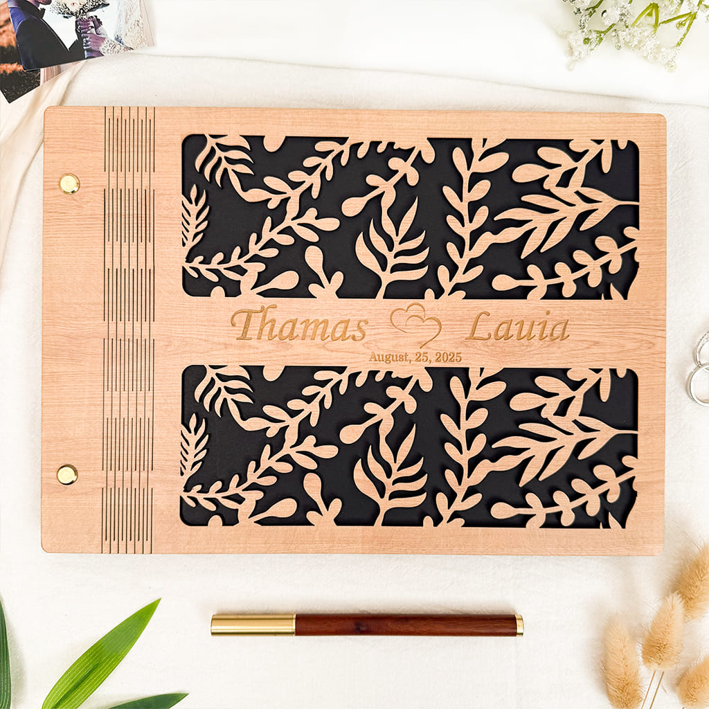 Wooden Wedding Guest Book - Personalized Laser Engraved Photo Album