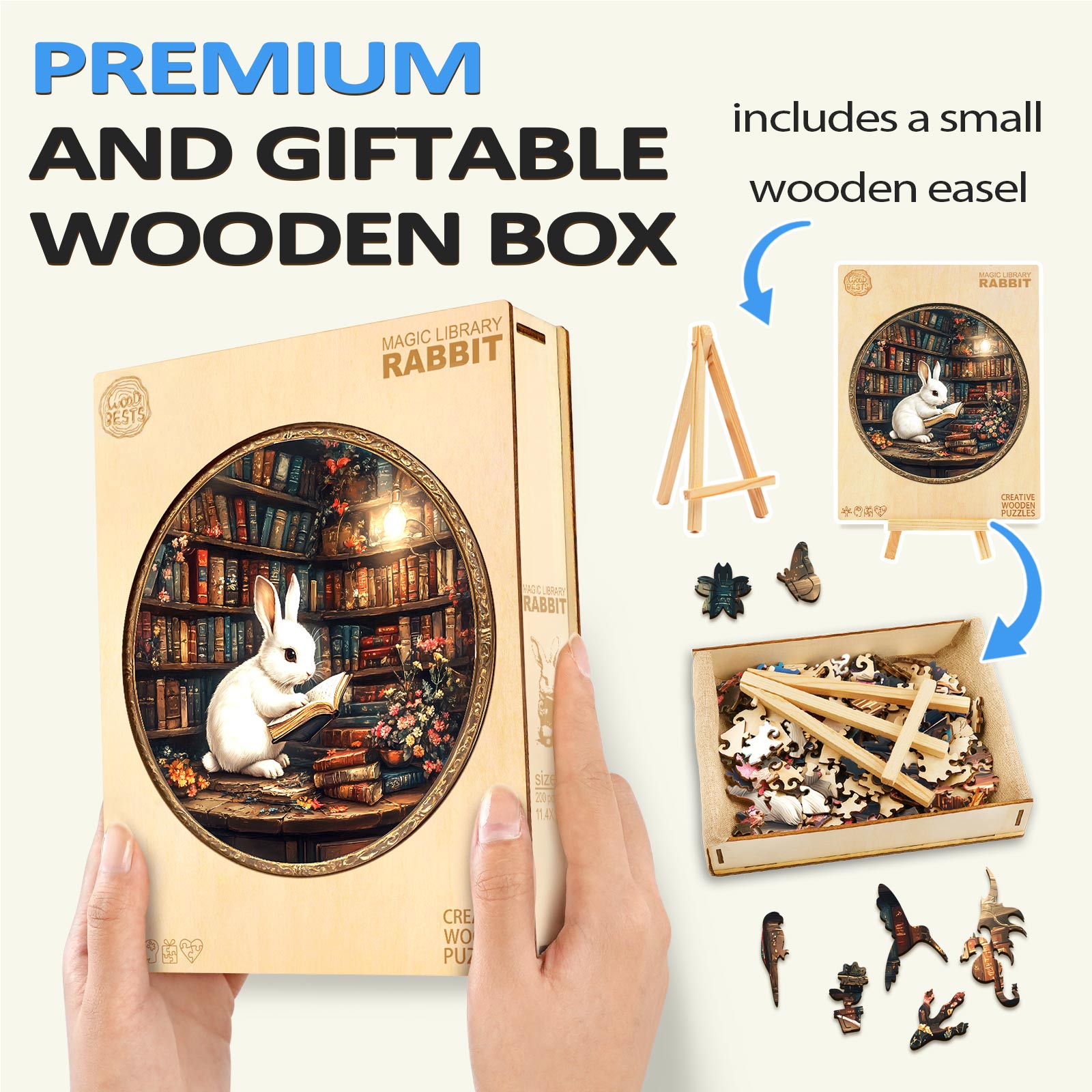 Magic Library Rabbit wooden jigsaw puzzle in premium box with easel, ideal for mind games and gifting.