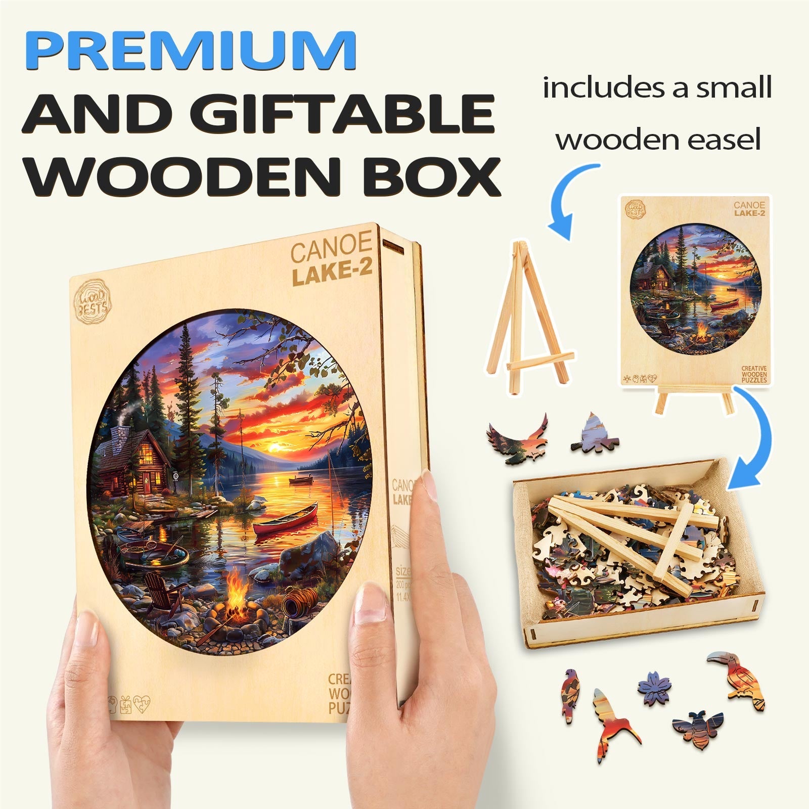 Canoe Lake-2 wooden jigsaw puzzle in a gift box with easel, perfect for enhancing focus and mind games.
