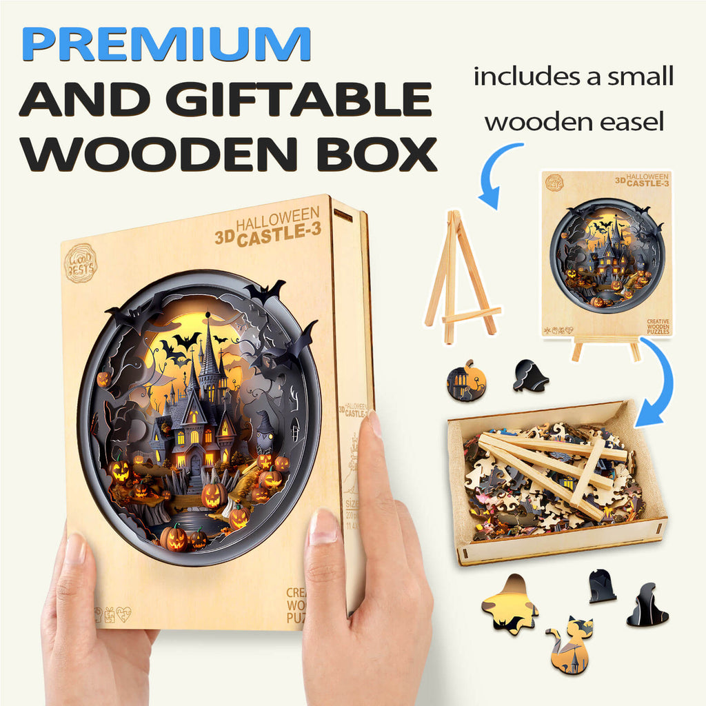 Premium 3D Halloween Castle-3 wooden jigsaw puzzle in a giftable box with small easel and colorful pieces.
