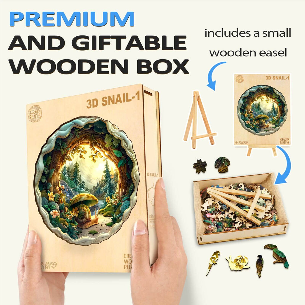 3D Snail-1 wooden jigsaw puzzle in a premium gift box with easel, showcasing puzzle pieces and indoor decor.