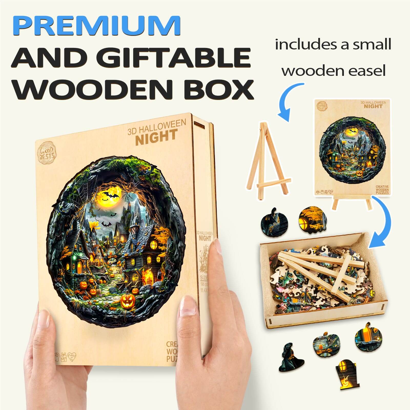 3D Halloween Night wooden jigsaw puzzle in gift box with small easel, perfect for mind games and puzzle enthusiasts.