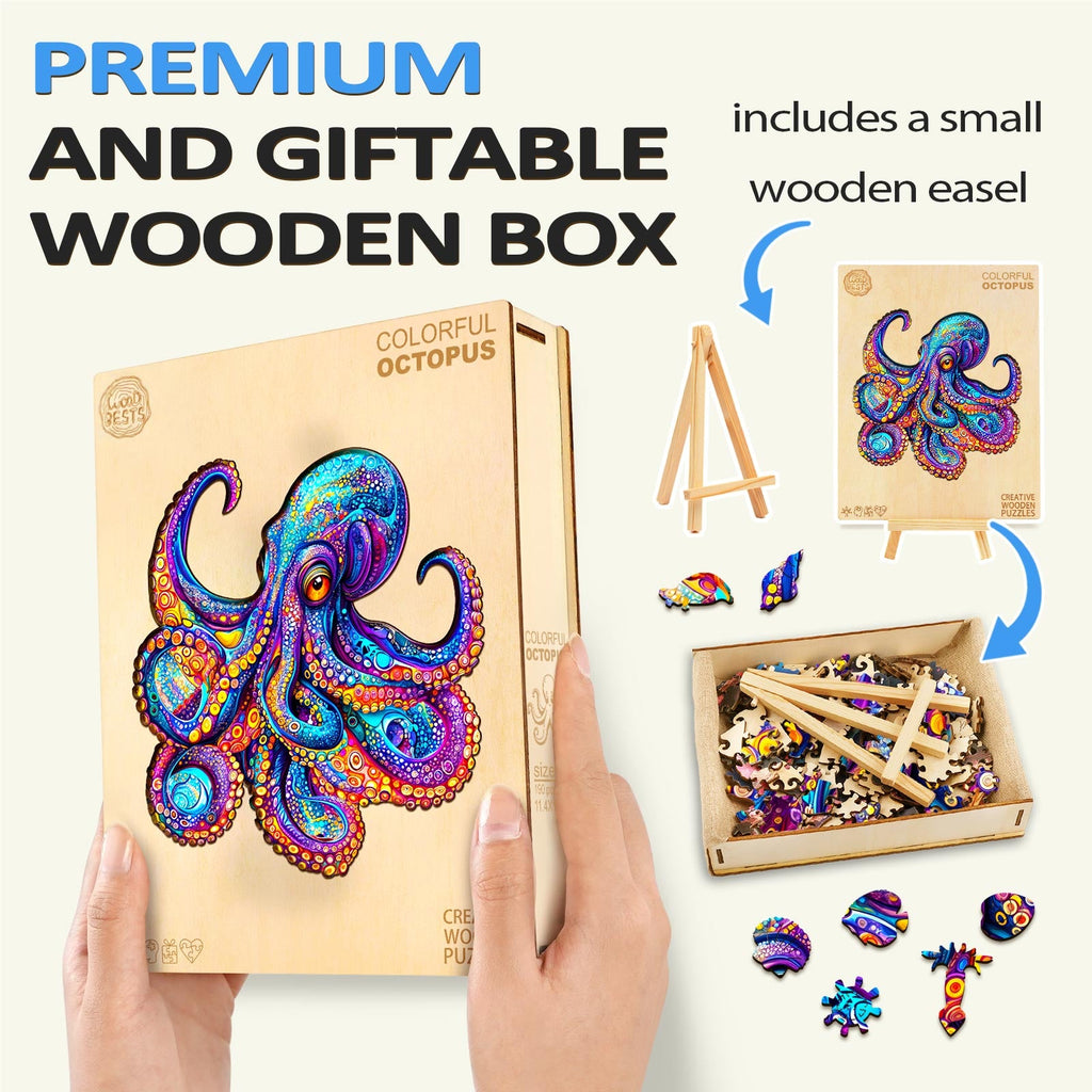 Colorful Octopus wooden jigsaw puzzle in a gift box with a small easel, perfect for puzzle enthusiasts and mindfulness.