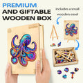 Colorful Octopus wooden jigsaw puzzle in a gift box with a small easel, perfect for puzzle enthusiasts and mindfulness.