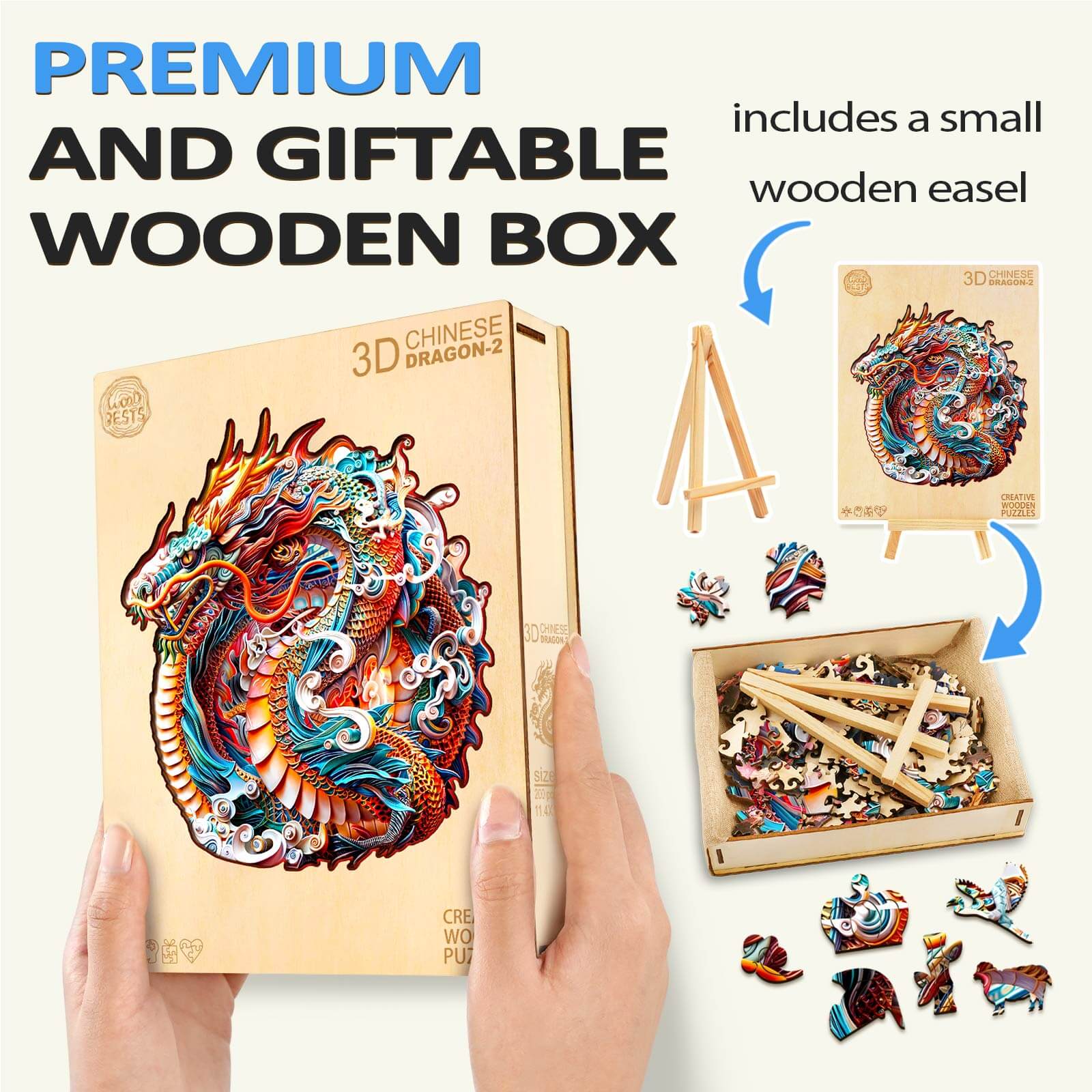 3D Chinese Dragon-2 wooden jigsaw puzzle in a premium gift box with a small easel for display.