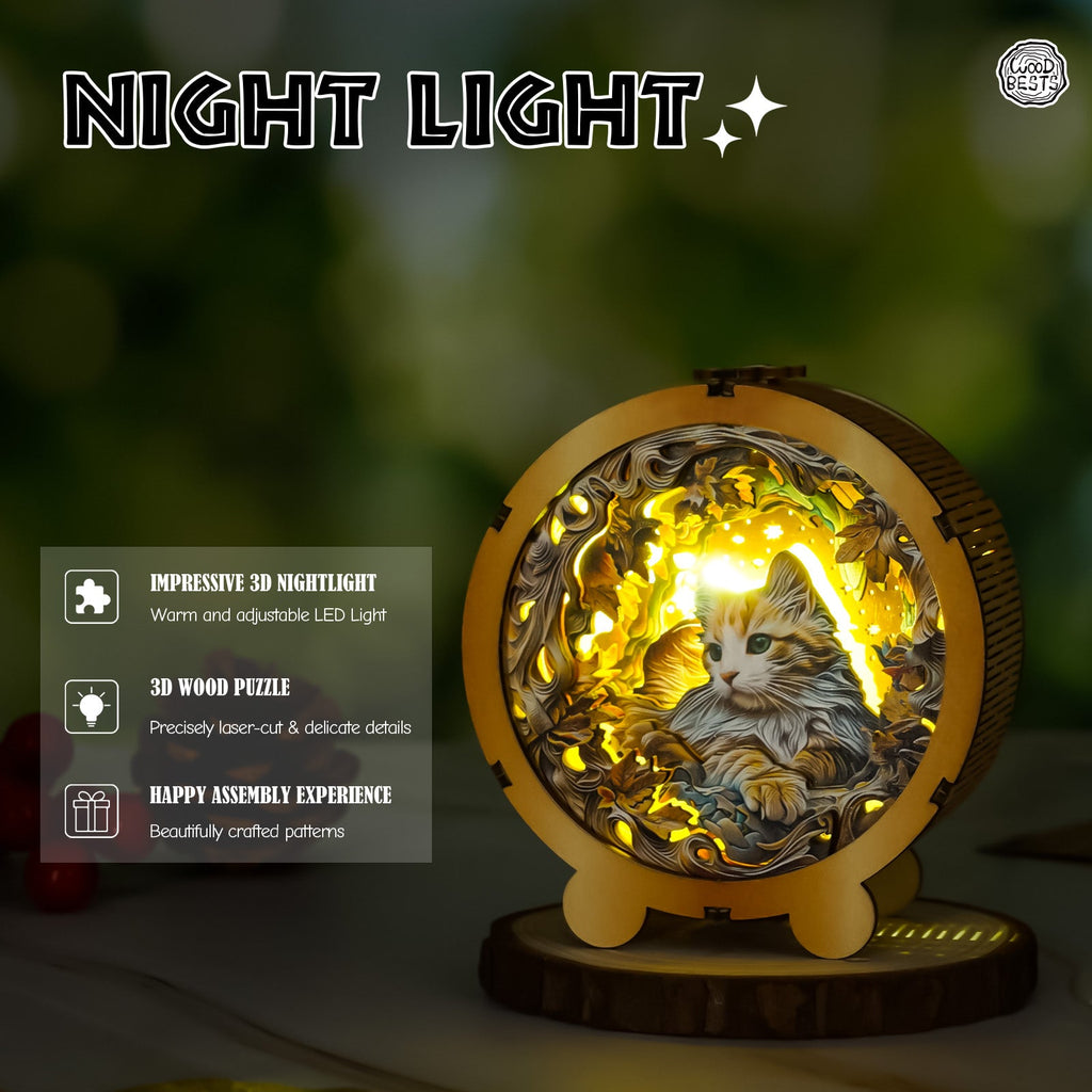 3D wooden cat puzzle night light with adjustable LED, featuring intricate details and warm illumination.