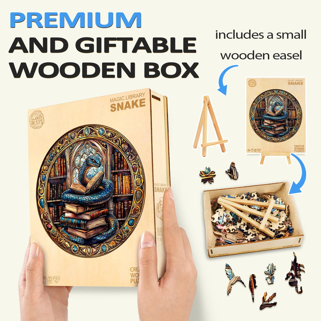 Magic Library Snake wooden jigsaw puzzle in a premium gift box with small easel and intricate puzzle pieces.