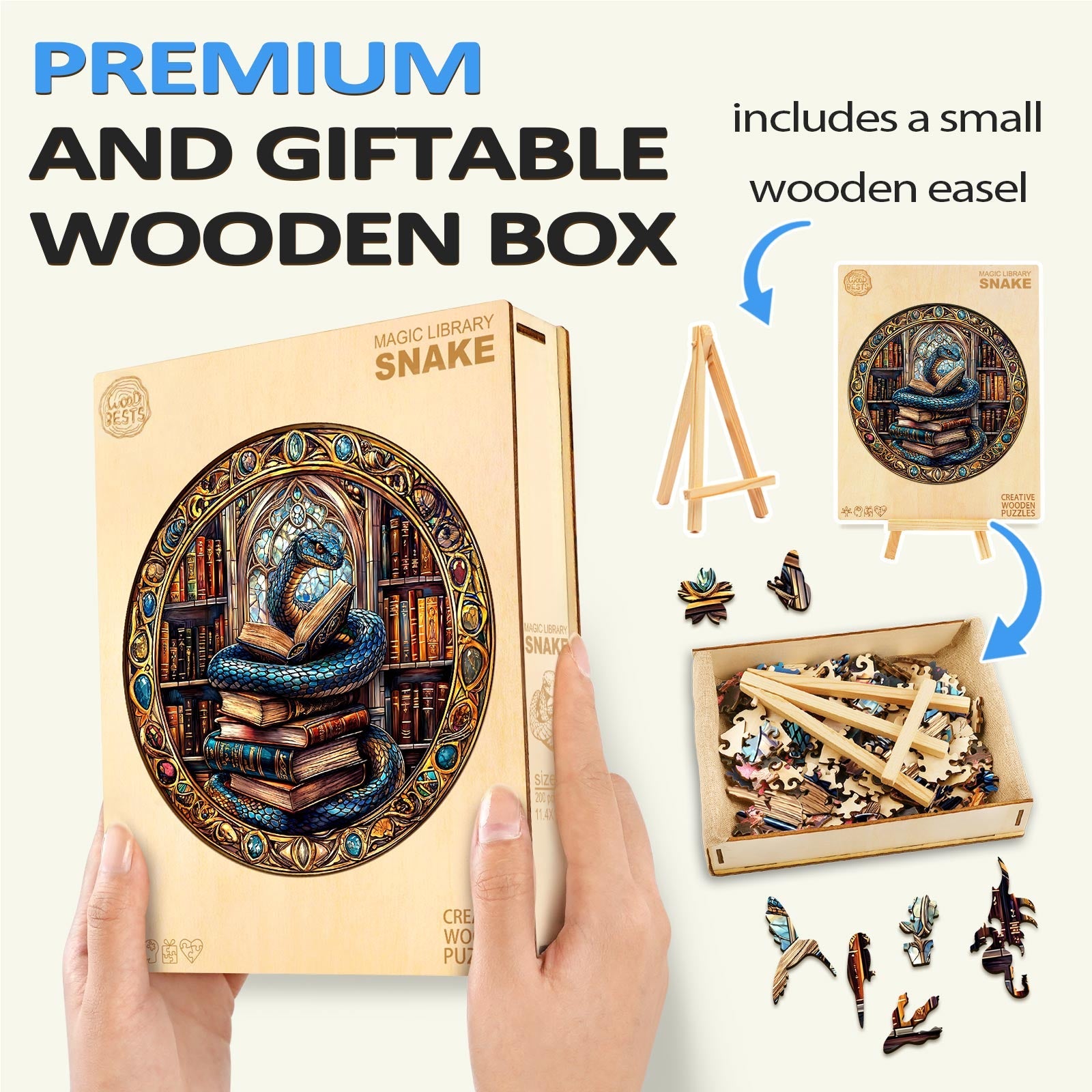 Magic Library Snake wooden jigsaw puzzle in a premium gift box with small easel and intricate puzzle pieces.
