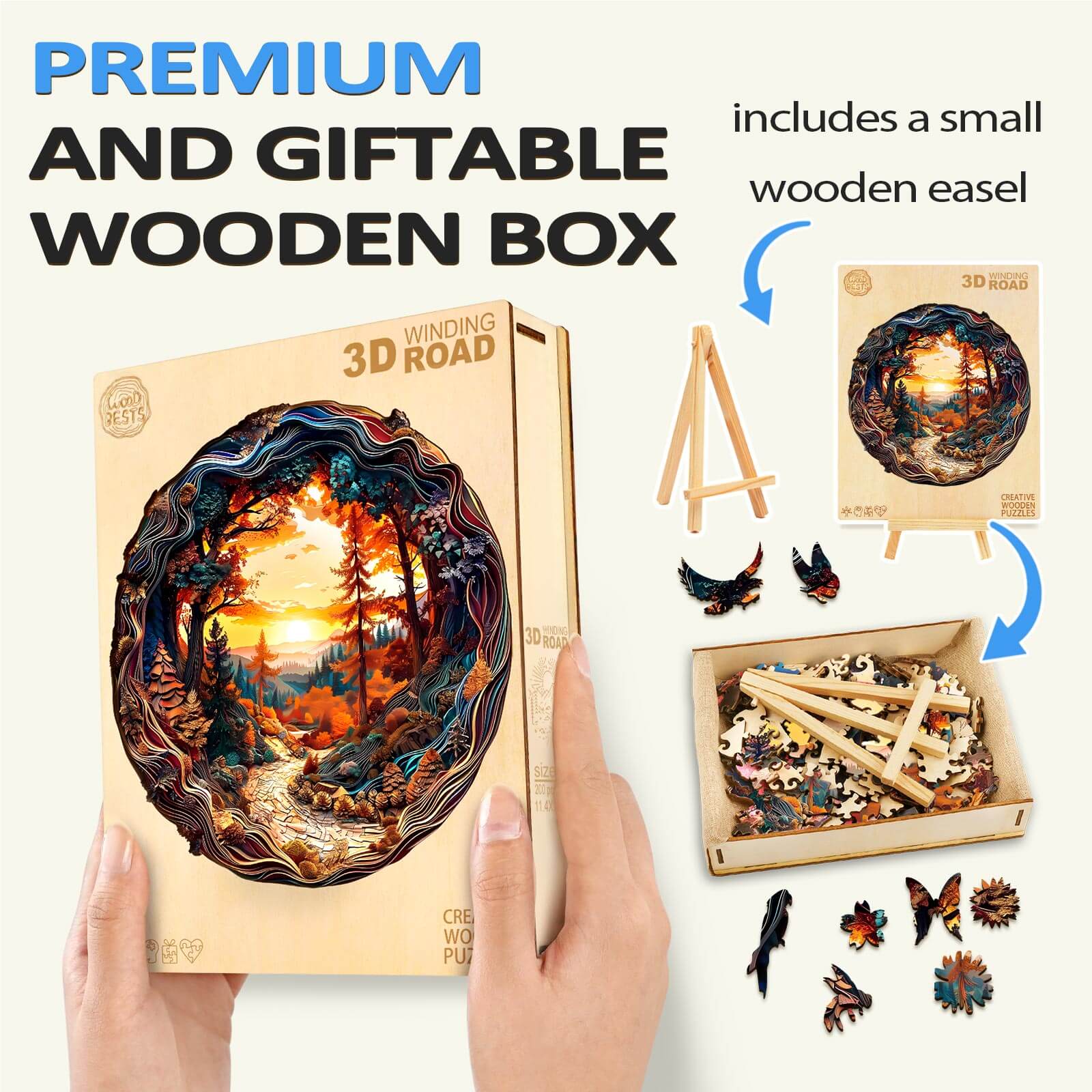 3D Winding Road Wooden Jigsaw Puzzle in a premium gift box with easel, ideal for mind games and boosting focus.