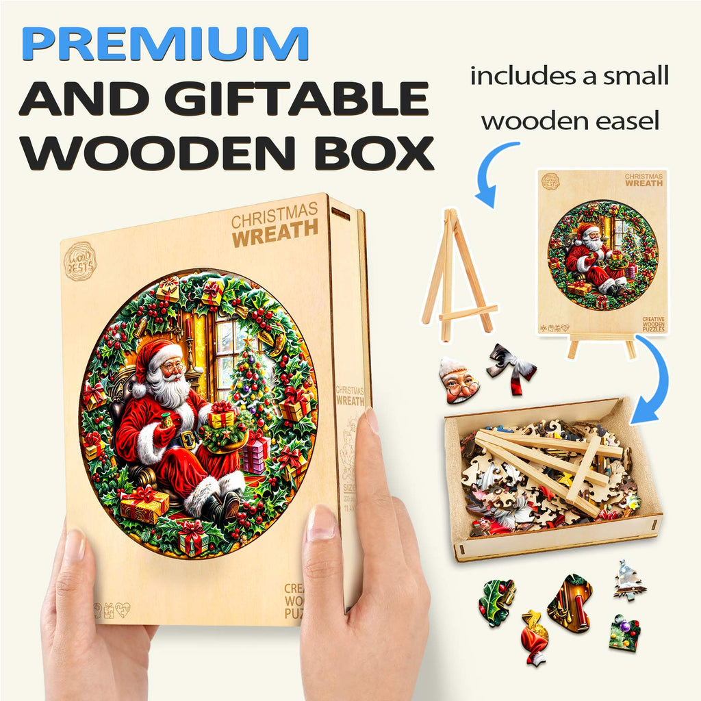 Christmas Wreath wooden jigsaw puzzle in a premium box with a small easel, perfect for gift giving and family fun.