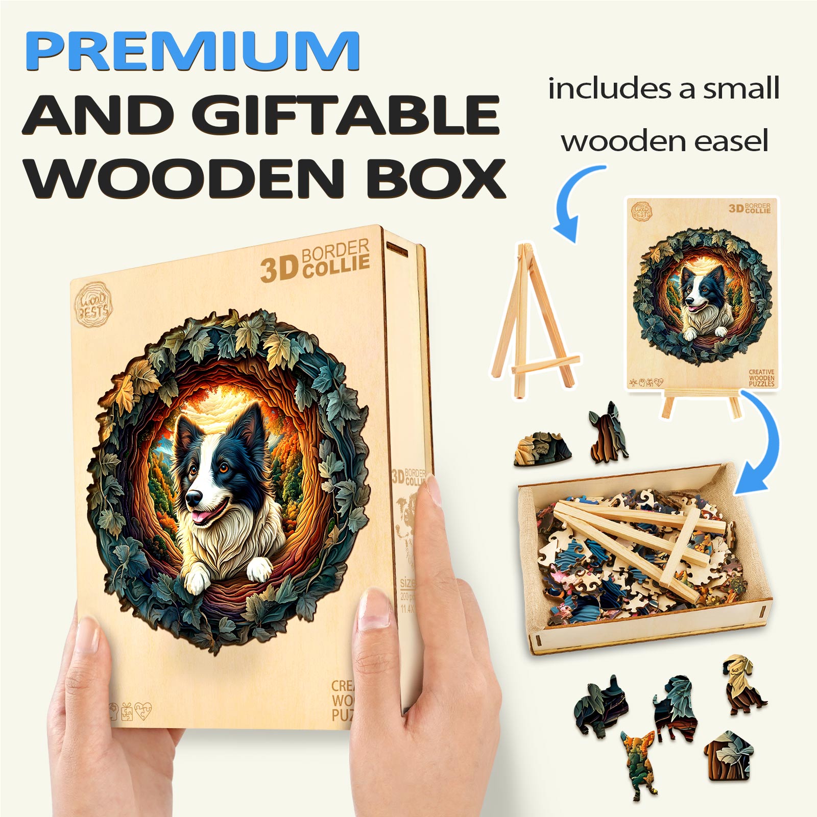 3D Border Collie wooden jigsaw puzzle in a premium gift box with a small easel, perfect for puzzle enthusiasts.