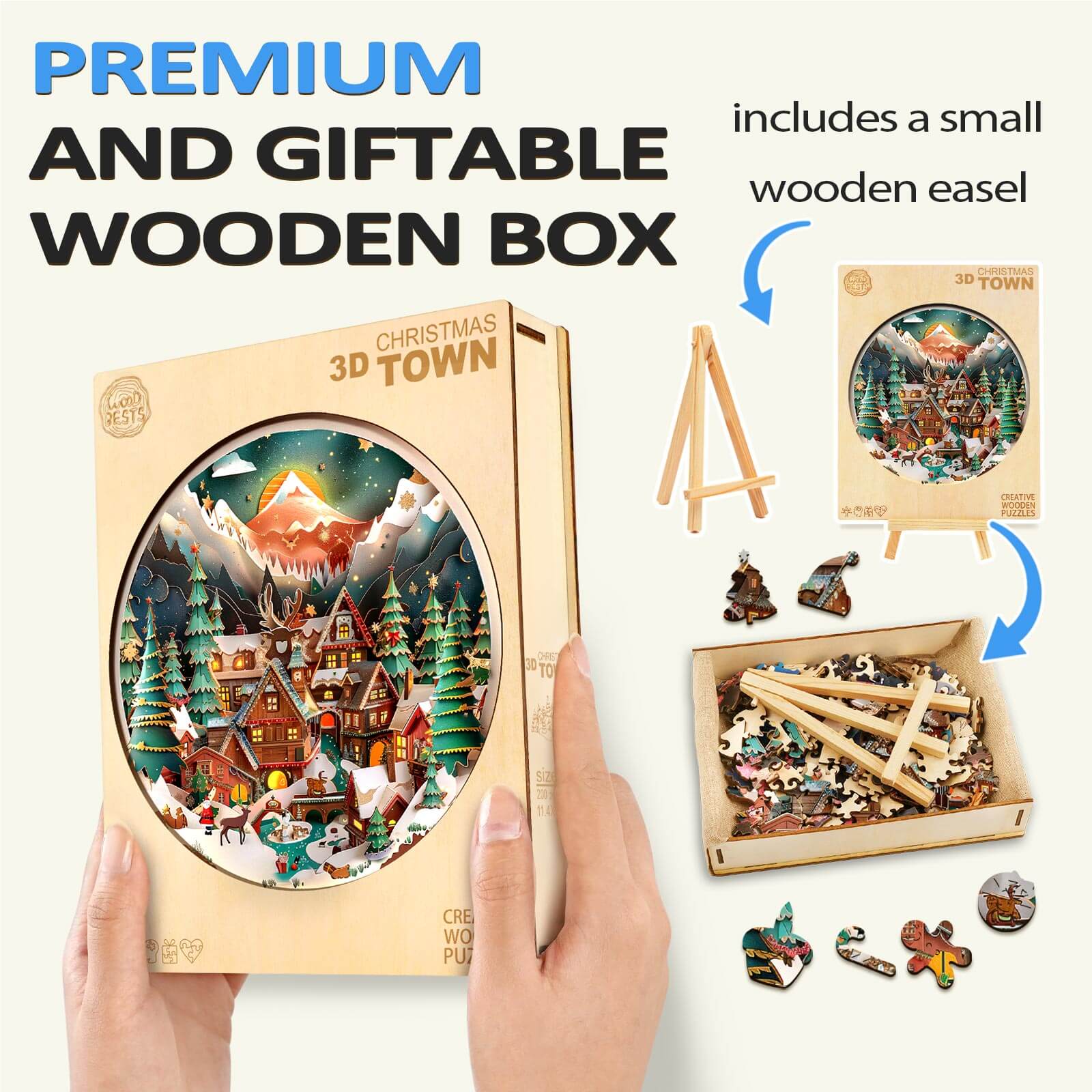 3D Christmas Town wooden jigsaw puzzle in a premium gift box with wooden easel, perfect for holiday fun.