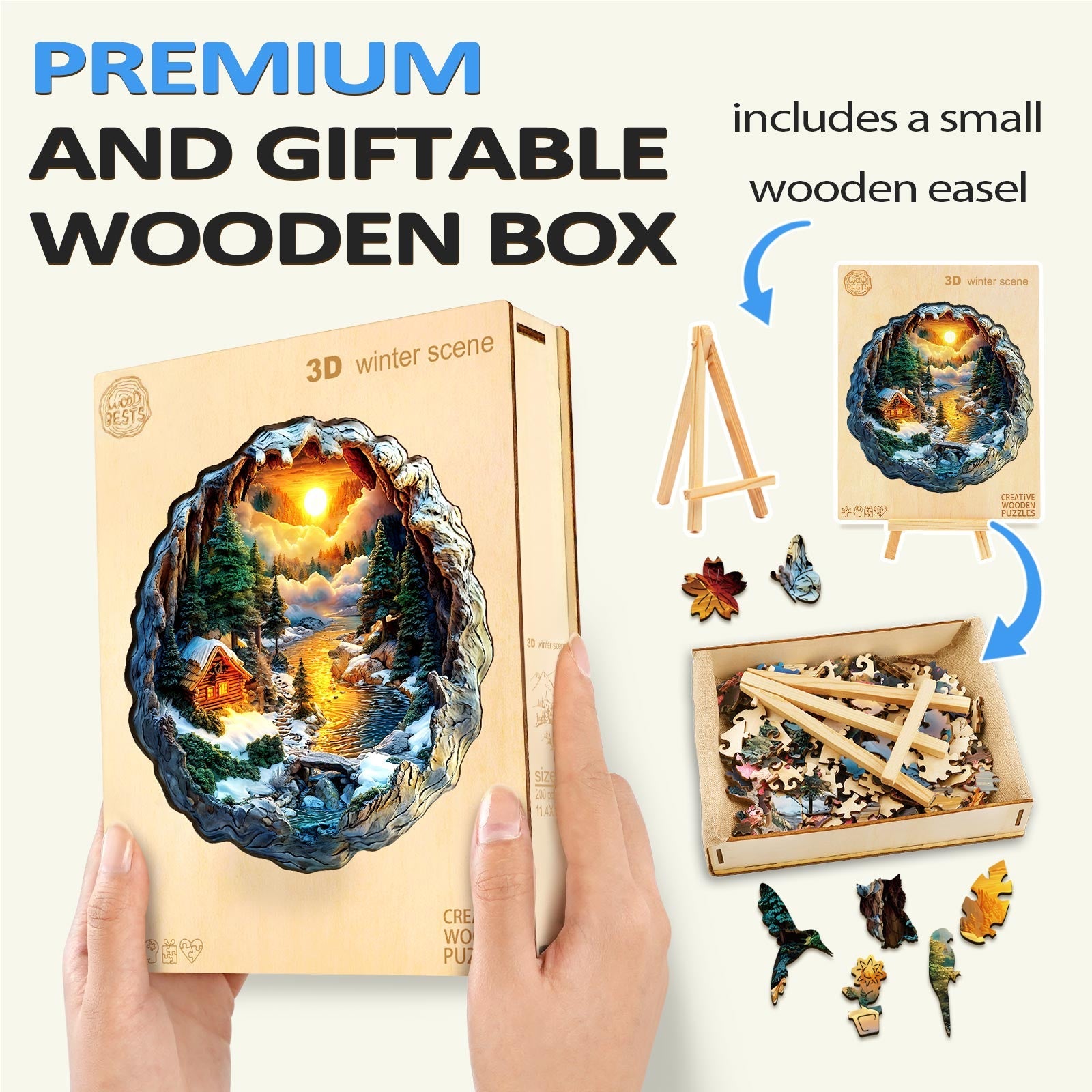 3D Winter Scene Wooden Jigsaw Puzzle in a premium gift box with a wooden easel and colorful puzzle pieces.