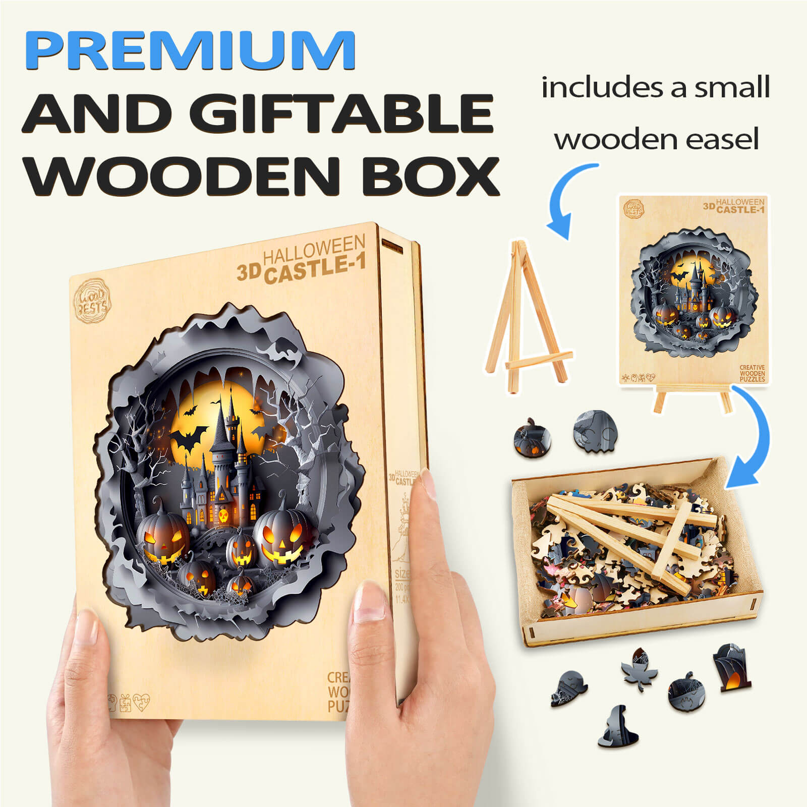 3D Halloween Castle-1 wooden jigsaw puzzle in a premium wooden box with small easel, perfect for gifting and mind games.