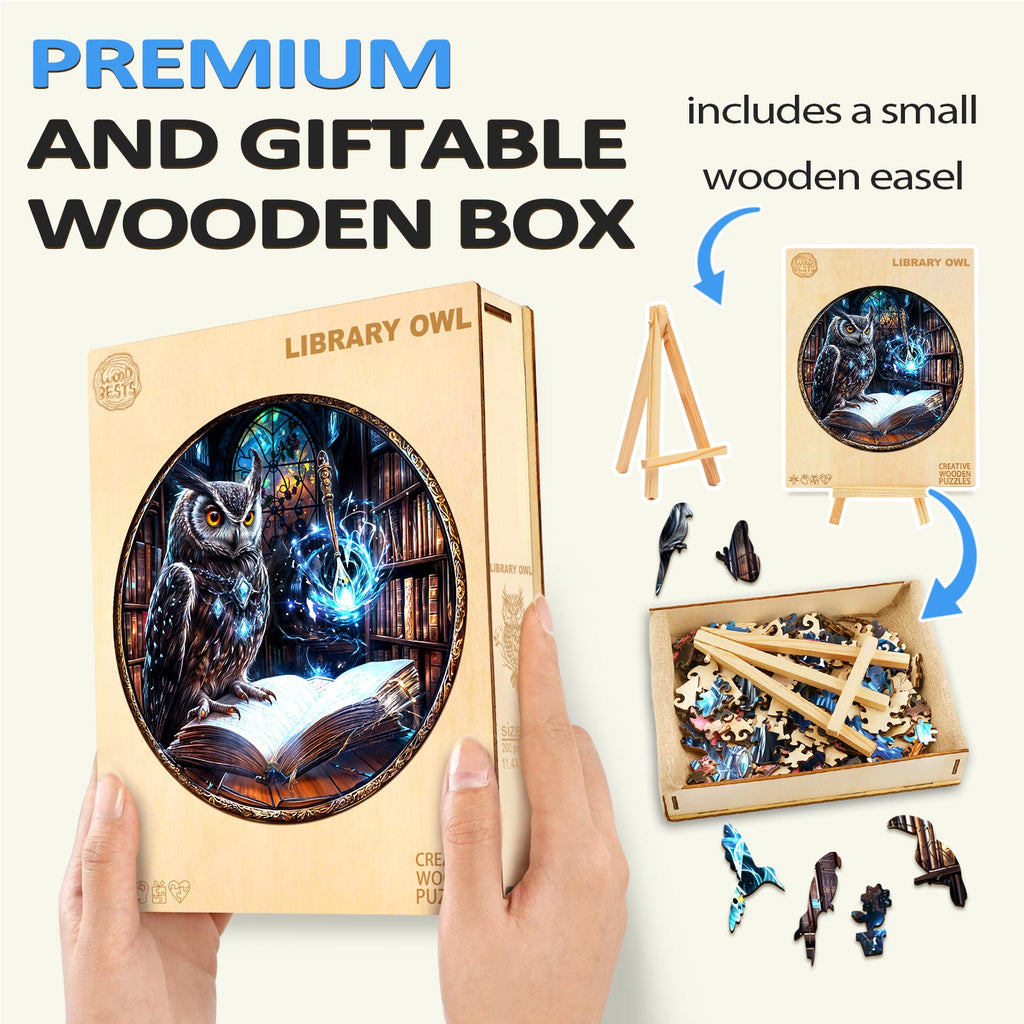 Library Owl wooden jigsaw puzzle in a premium gift box with a small wooden easel, perfect for puzzle lovers.