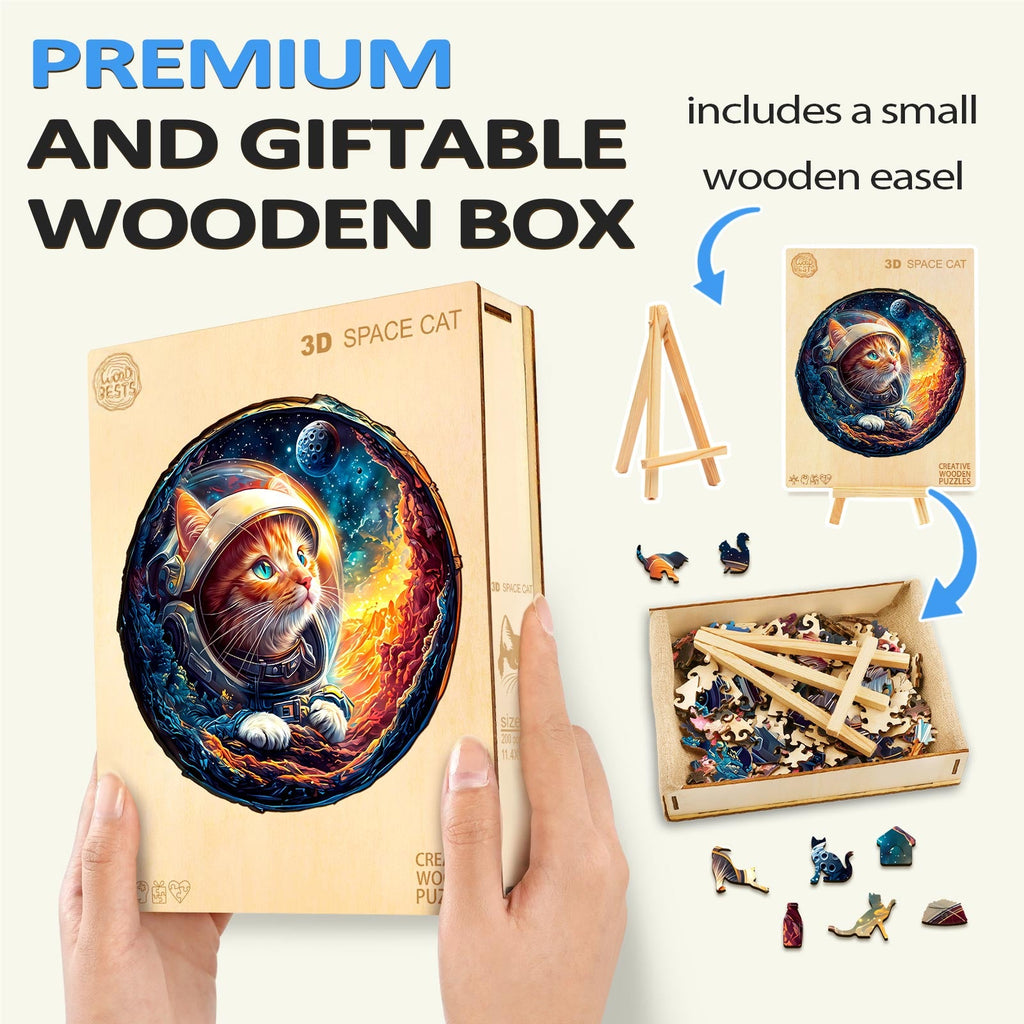 3D Space Cat wooden jigsaw puzzle in a premium gift box with an easel, perfect for puzzle enthusiasts and mind games.