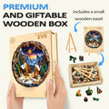 3D Christmas Eve wooden jigsaw puzzle in a premium gift box with a small wooden easel and colorful puzzle pieces.