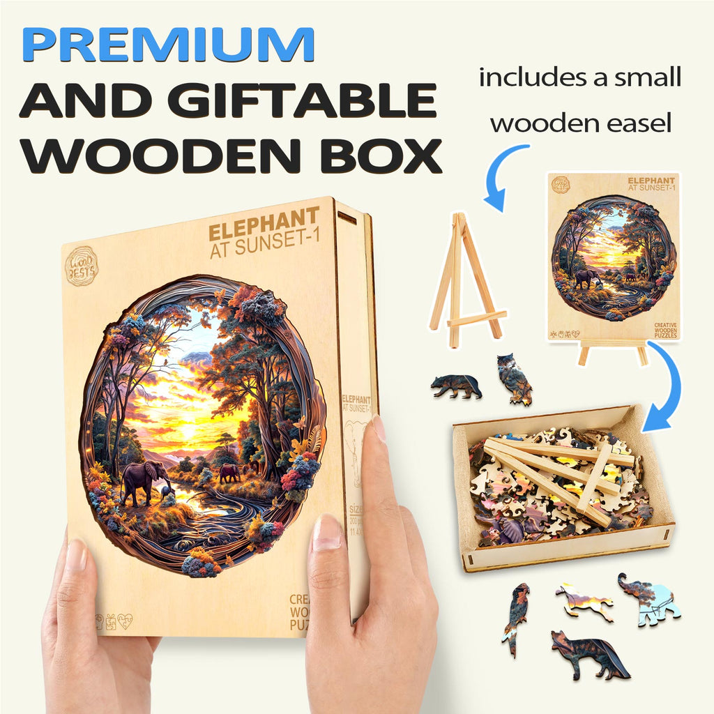Elephant at Sunset-1 wooden jigsaw puzzle in a premium gift box, featuring a wooden easel and puzzle pieces.
