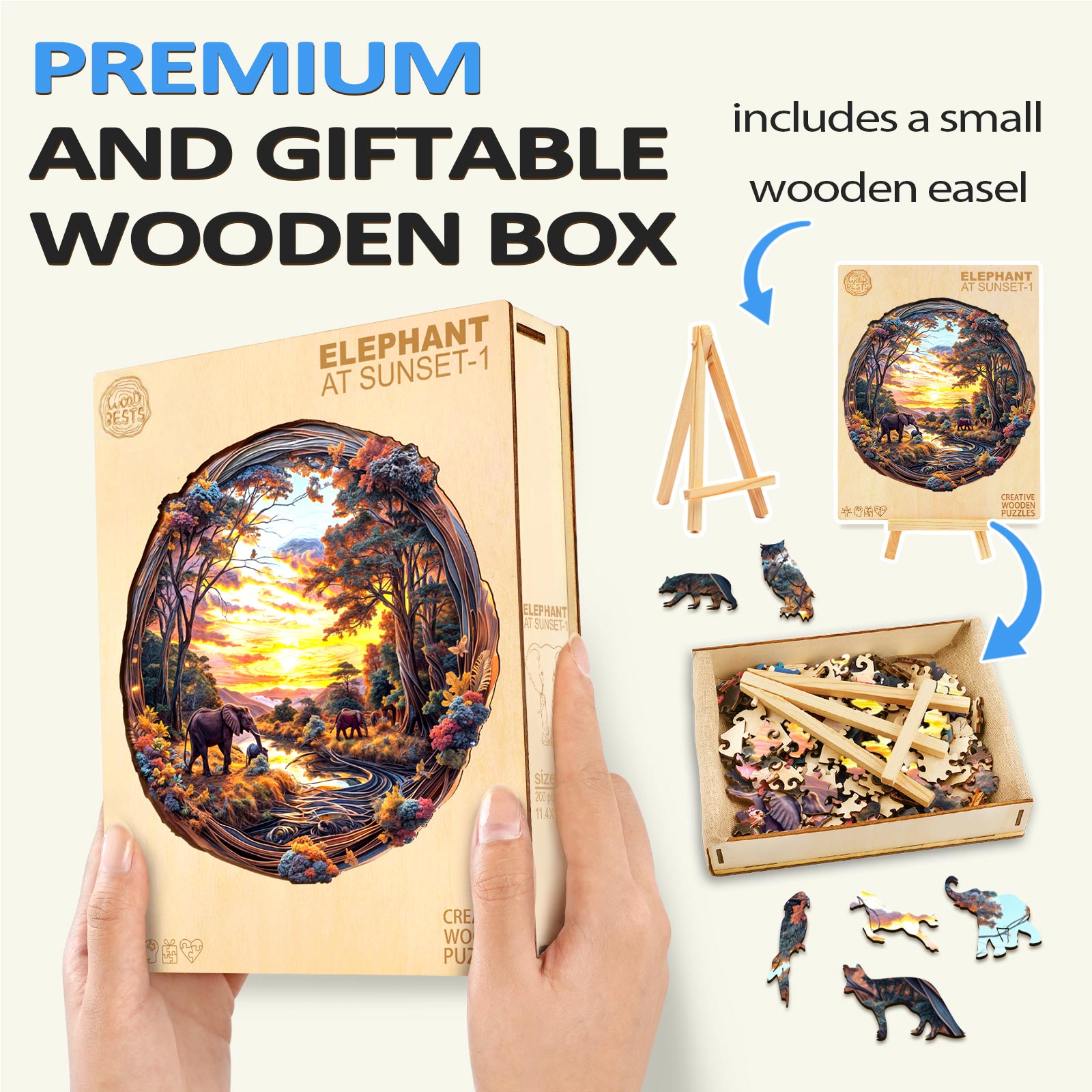 Elephant at Sunset-1 wooden jigsaw puzzle in a premium gift box, featuring a wooden easel and puzzle pieces.