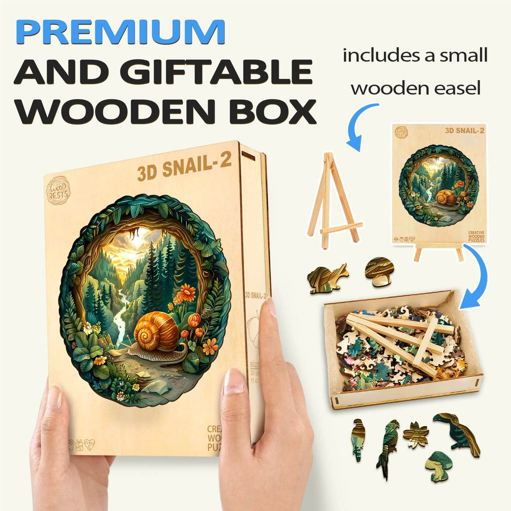 3D Snail-2 wooden jigsaw puzzle in box with small easel for creative mind games and focused play.