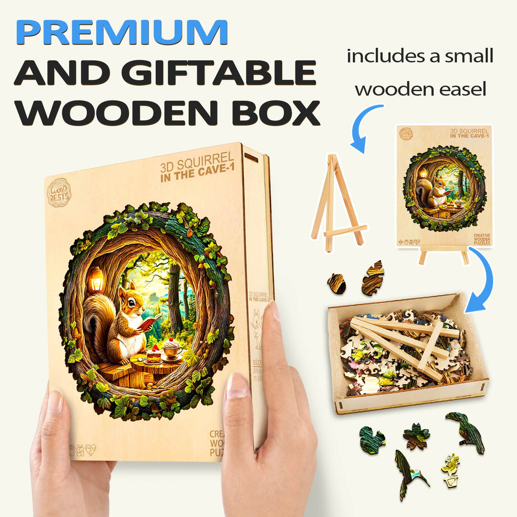 3D Squirrel in The Cave-1 wooden jigsaw puzzle in a giftable box with a wooden easel and intricate pieces.