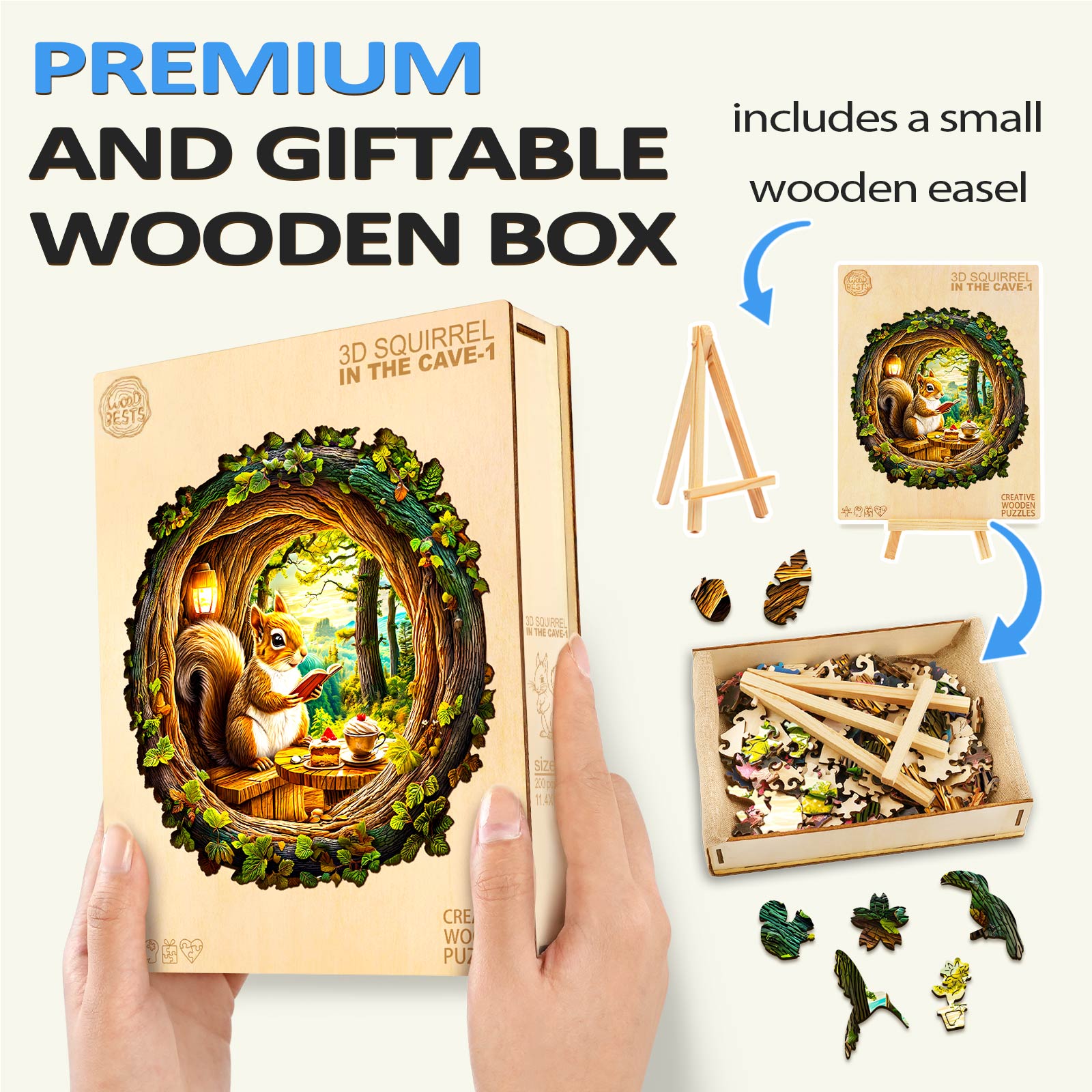 3D Squirrel in The Cave-1 wooden jigsaw puzzle in a giftable box with a wooden easel and intricate pieces.