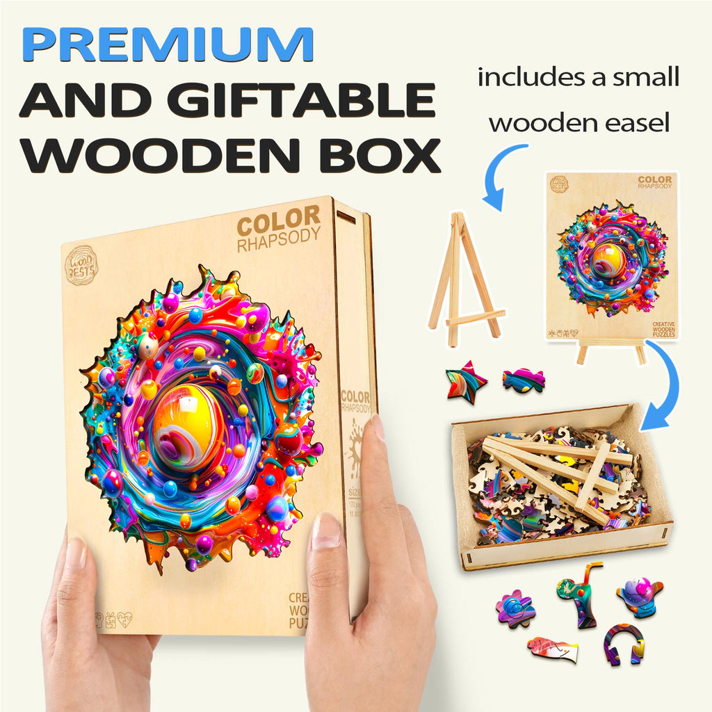 Color Rhapsody Wooden Jigsaw Puzzle in a premium box with wooden easel, designed for mind engagement and fun.