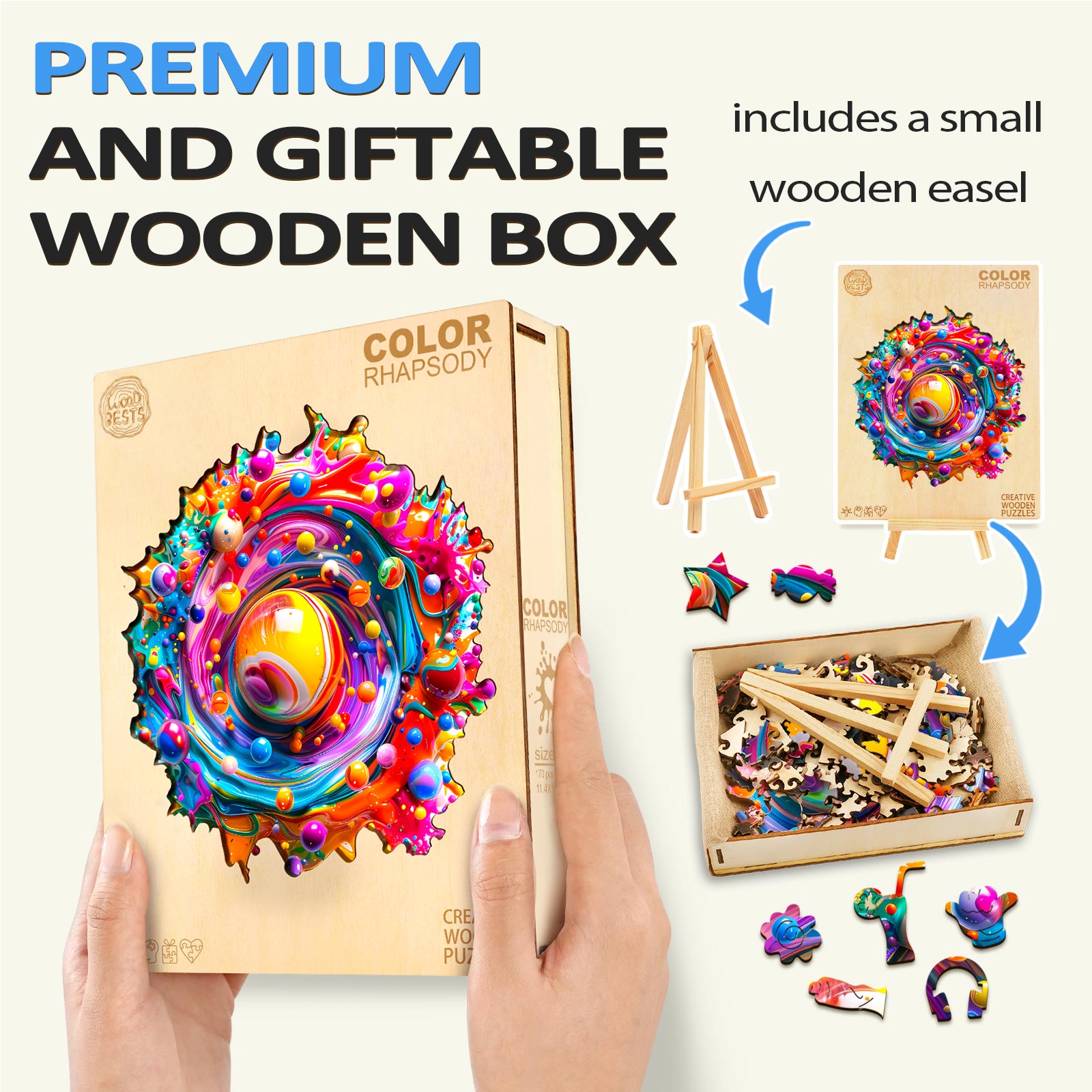 Color Rhapsody Wooden Jigsaw Puzzle in a premium box with wooden easel, designed for mind engagement and fun.