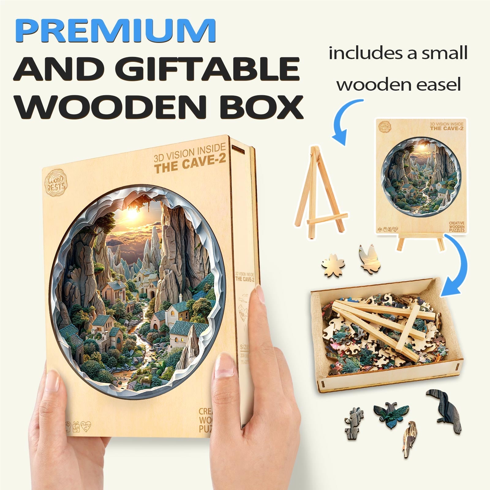 3D vision inside the cave-2 wooden jigsaw puzzle set, featuring premium packaging and a small wooden easel