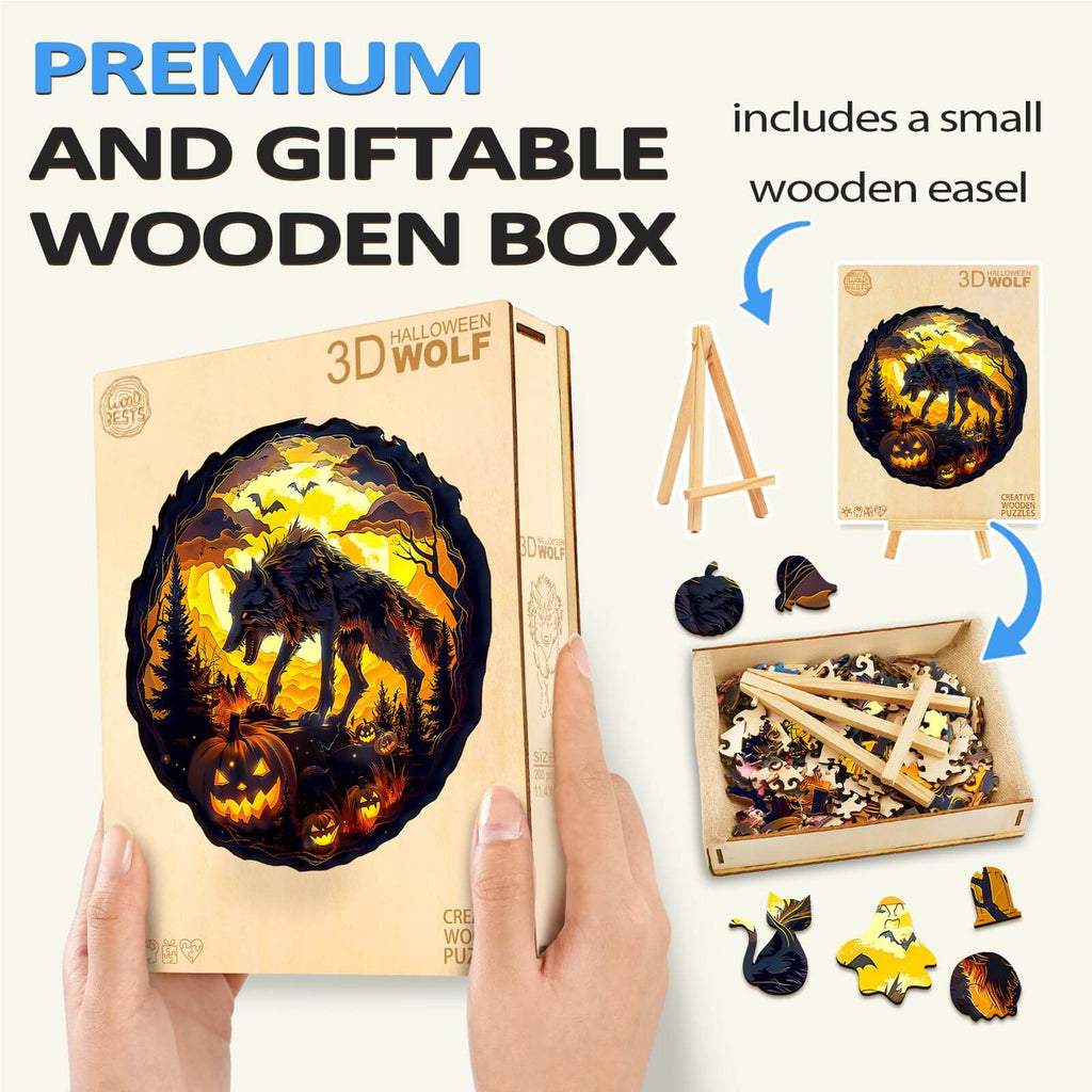 3D Halloween Wolf puzzle in premium wooden box with small easel, perfect for gifting and enhancing focus.
