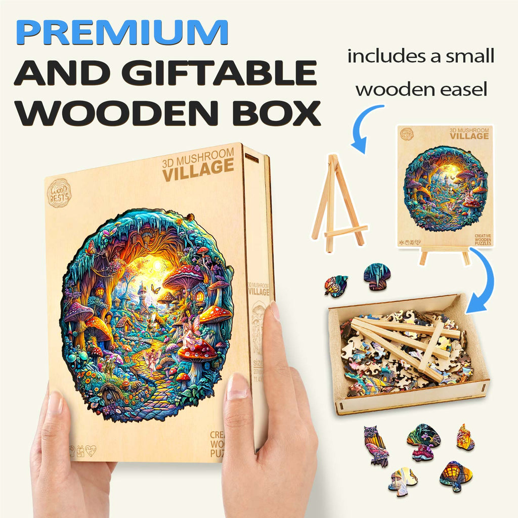 3D Mushroom Village wooden puzzle in a premium gift box with a small easel and colorful puzzle pieces.