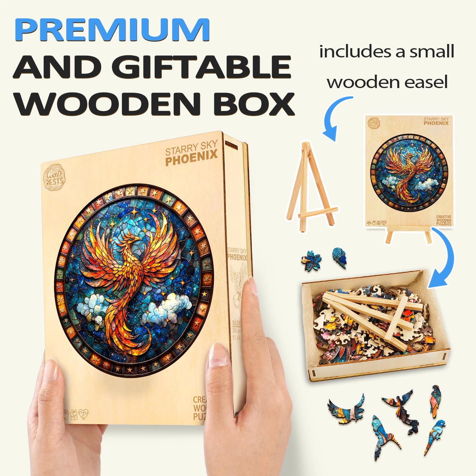 Starry Sky Phoenix wooden jigsaw puzzle in a premium gift box with included wooden easel and puzzle pieces.