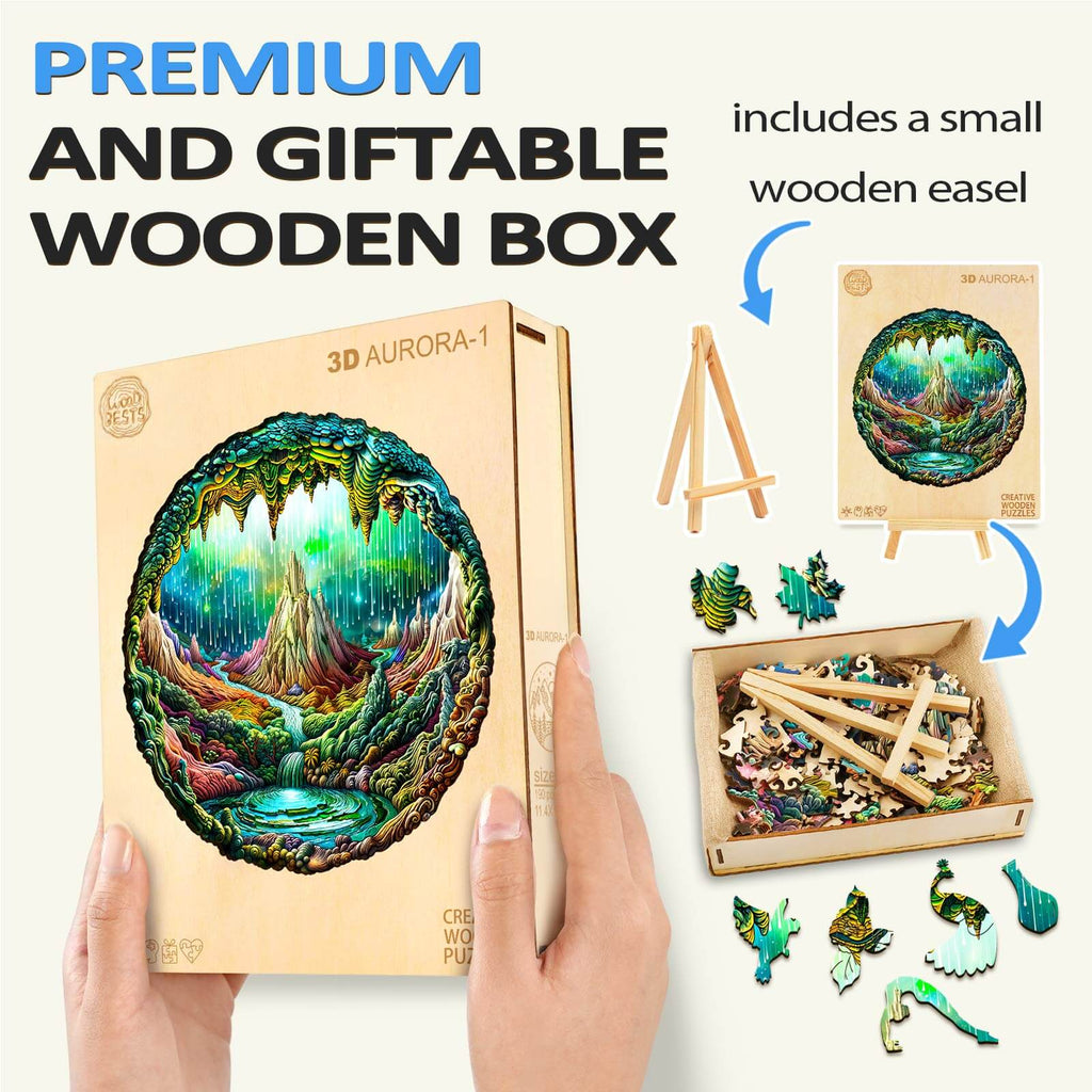 3D Aurora-1 wooden jigsaw puzzle in a gift box with easel, crafted for mindful exploration and focus.