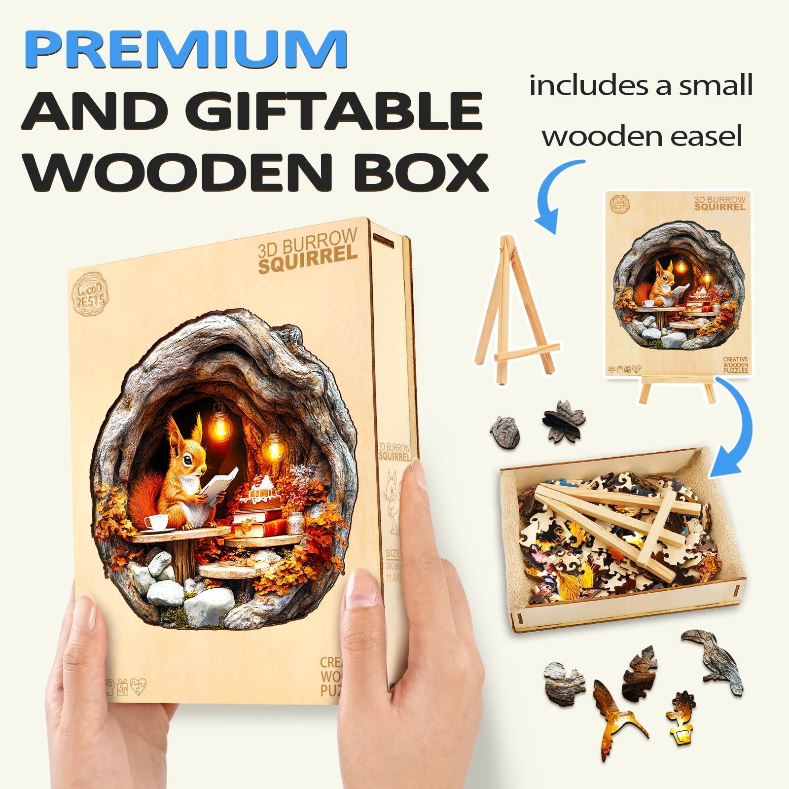 3D Burrow Squirrel wooden jigsaw puzzle in a premium gift box with small easel included, perfect for gifting.