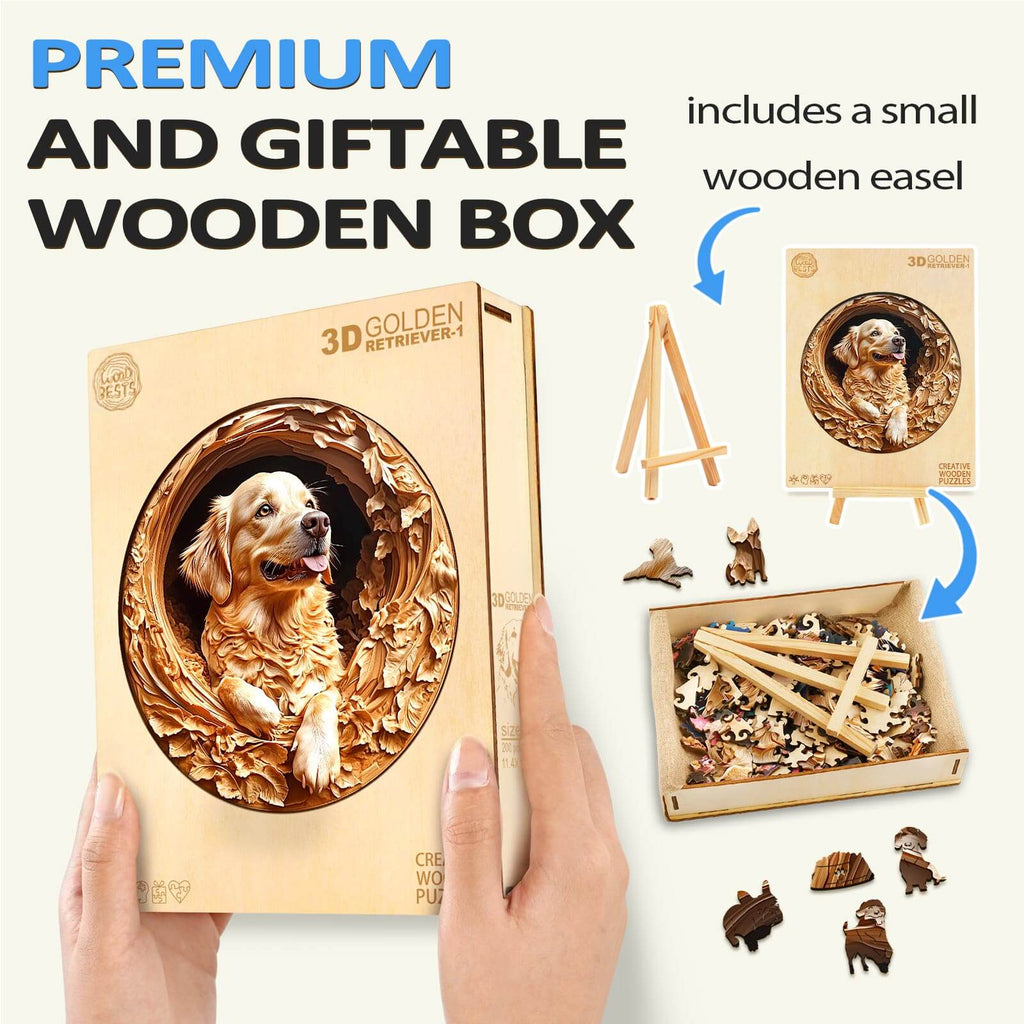 3D Golden Retriever wooden jigsaw puzzle in premium gift box with wooden easel and detailed puzzle pieces.