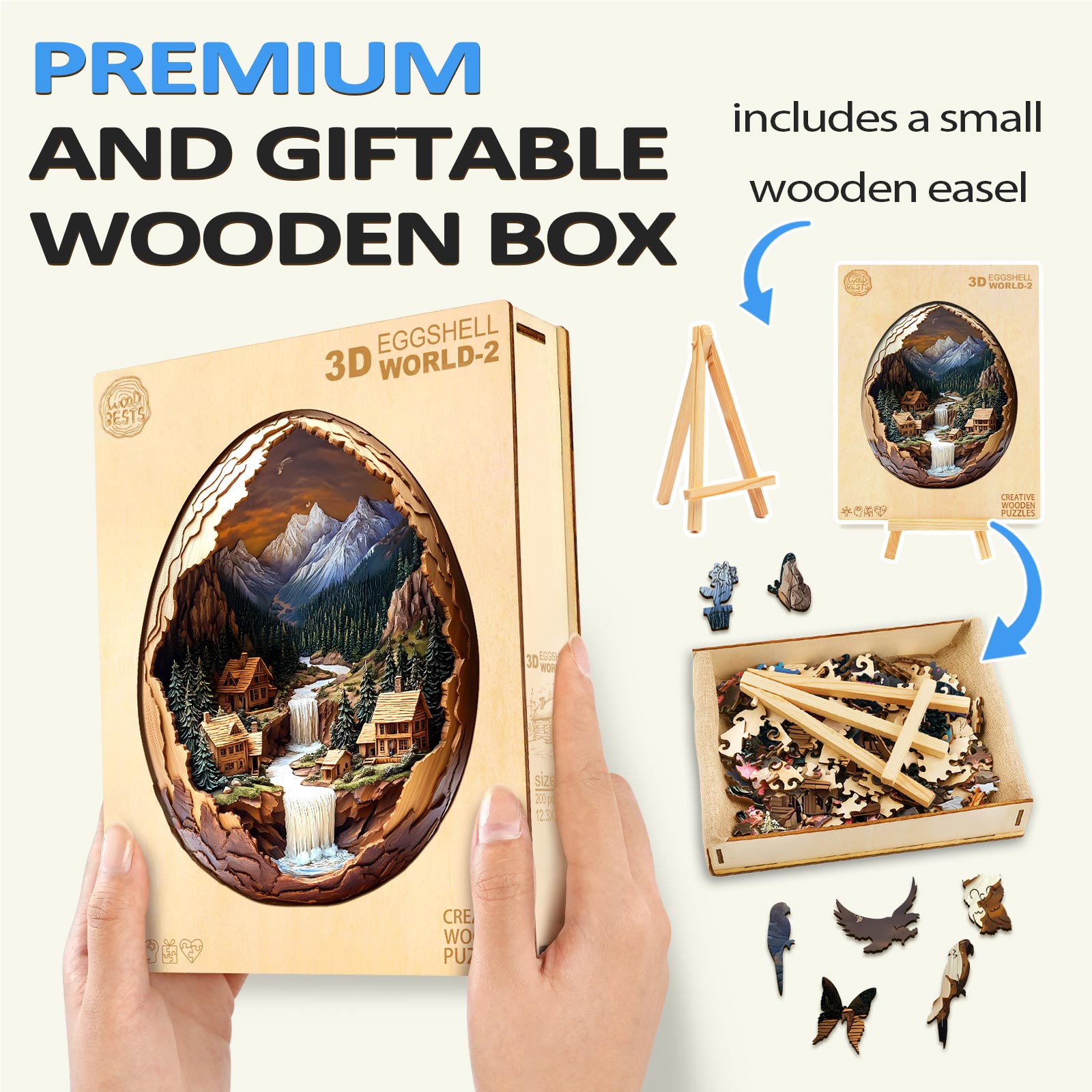 3D Eggshell World-2 wooden jigsaw puzzle in a premium gift box with a small easel for display.