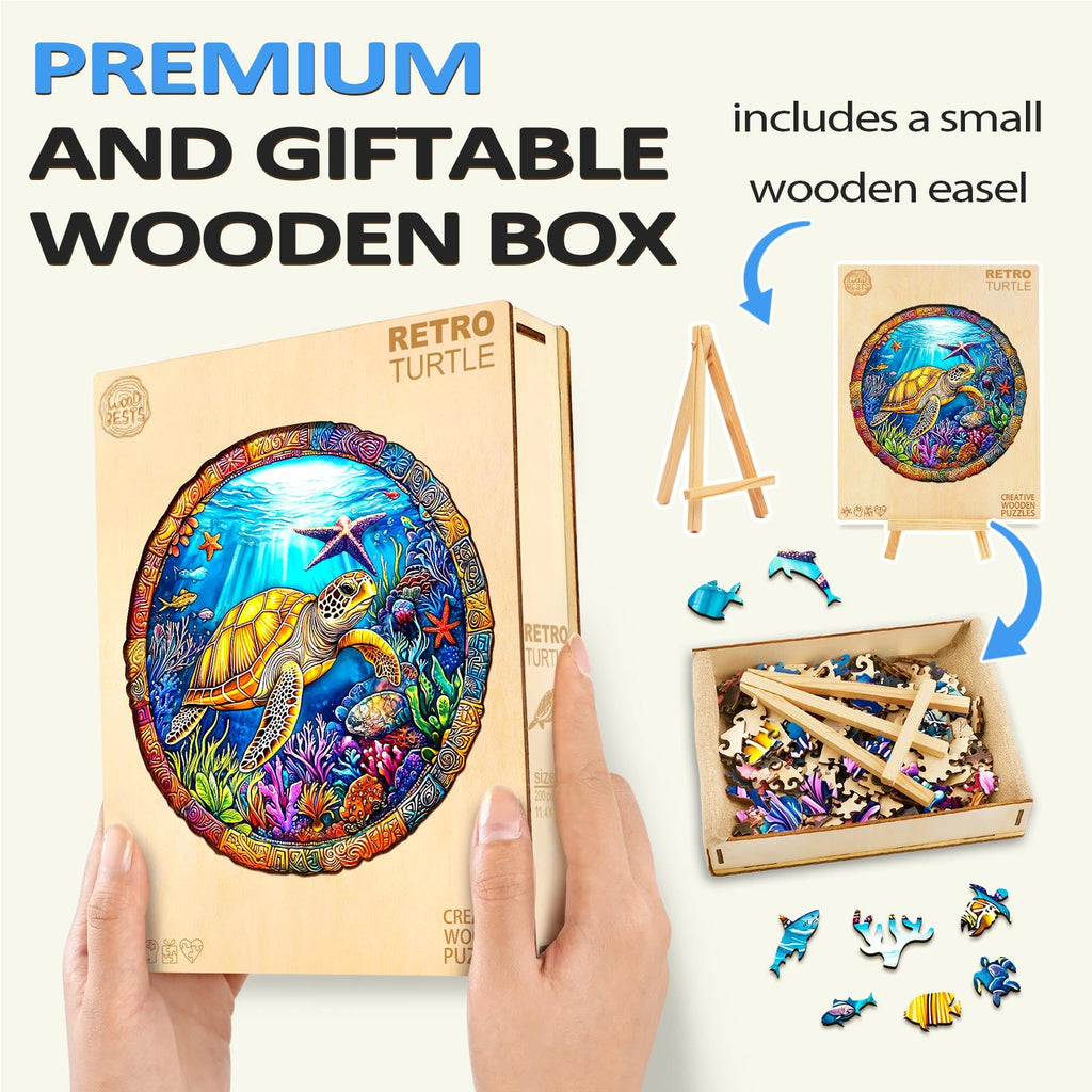 Retro Turtle Wooden Jigsaw Puzzle in a giftable wooden box with colorful pieces and a small easel for display.