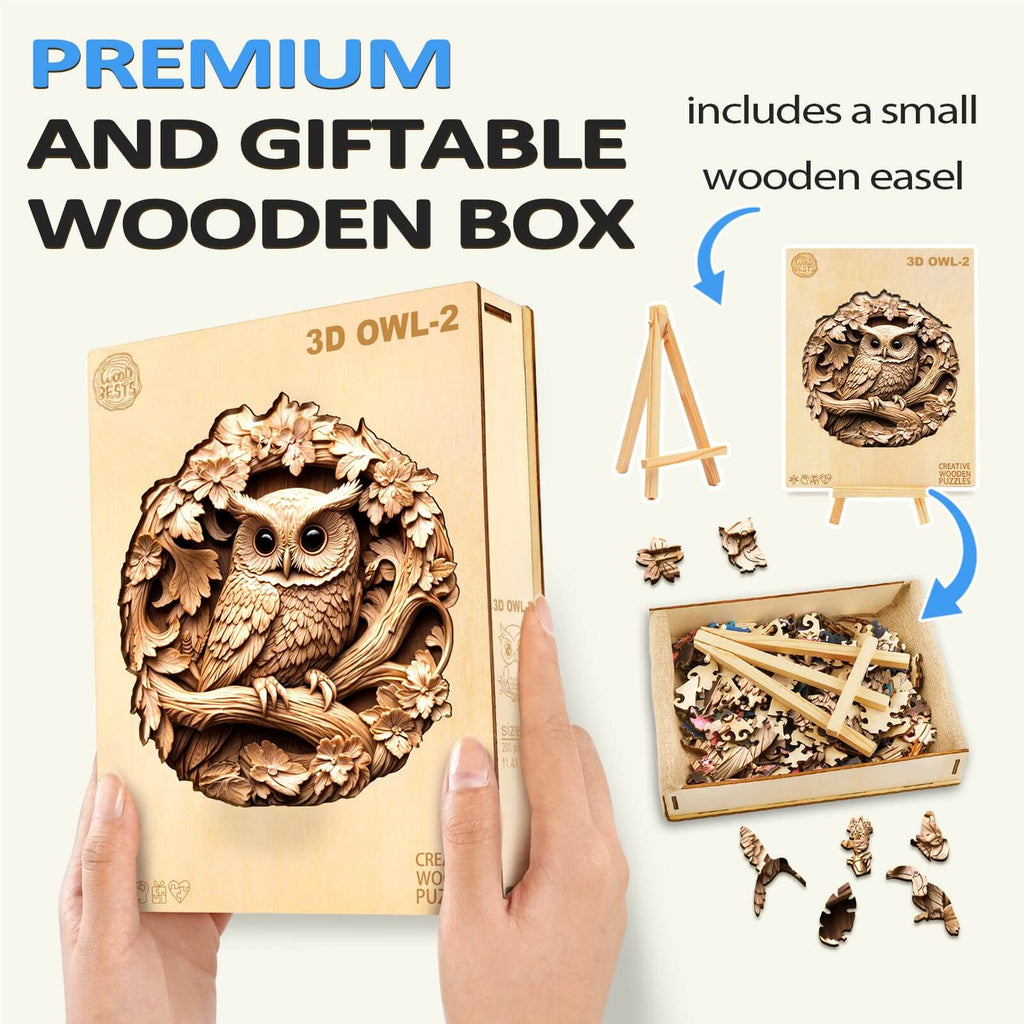 3D Owl-2 wooden jigsaw puzzle in a premium box, includes a small easel and intricate design pieces.