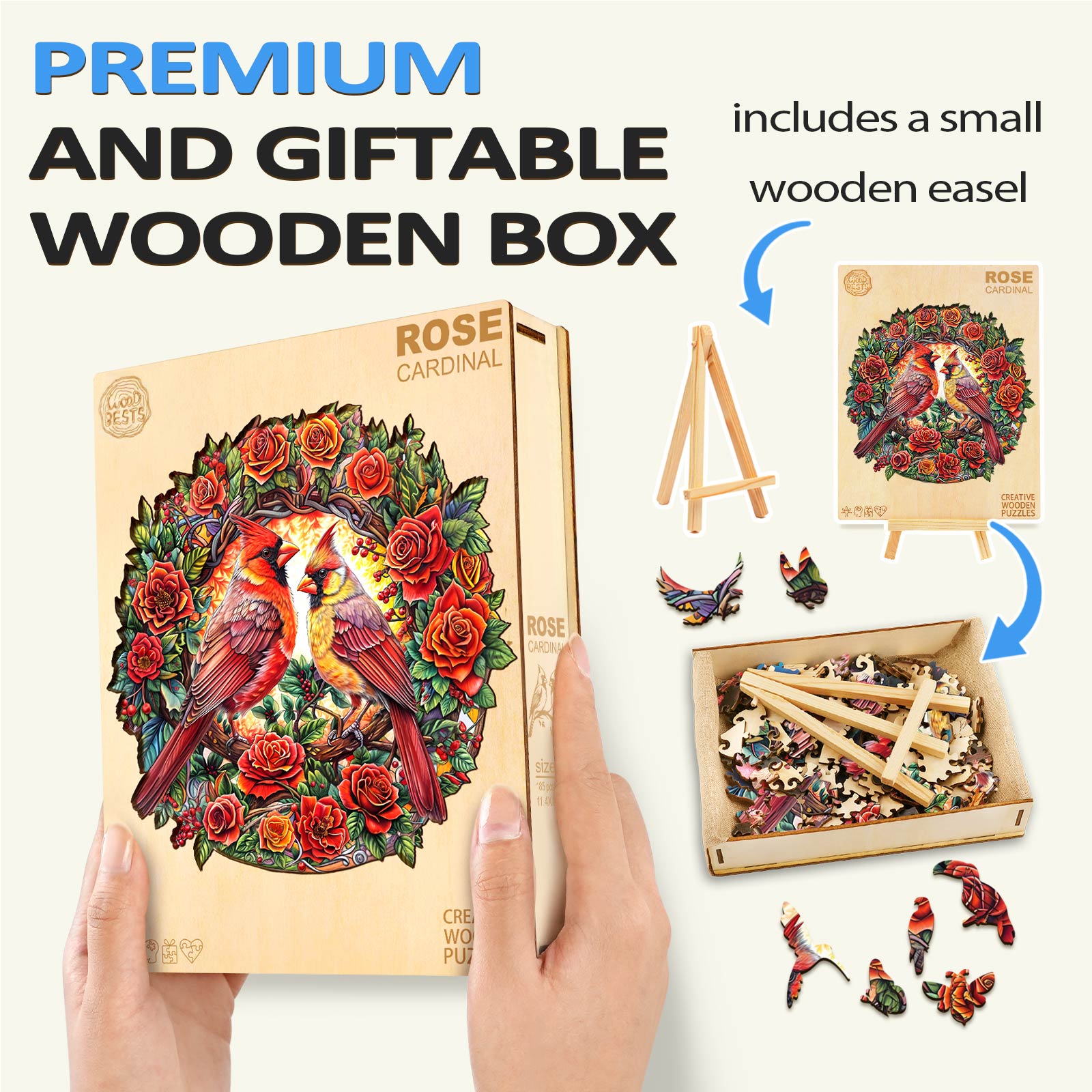 Premium Rose Cardinal wooden jigsaw puzzle in a giftable box with a small wooden easel for display.