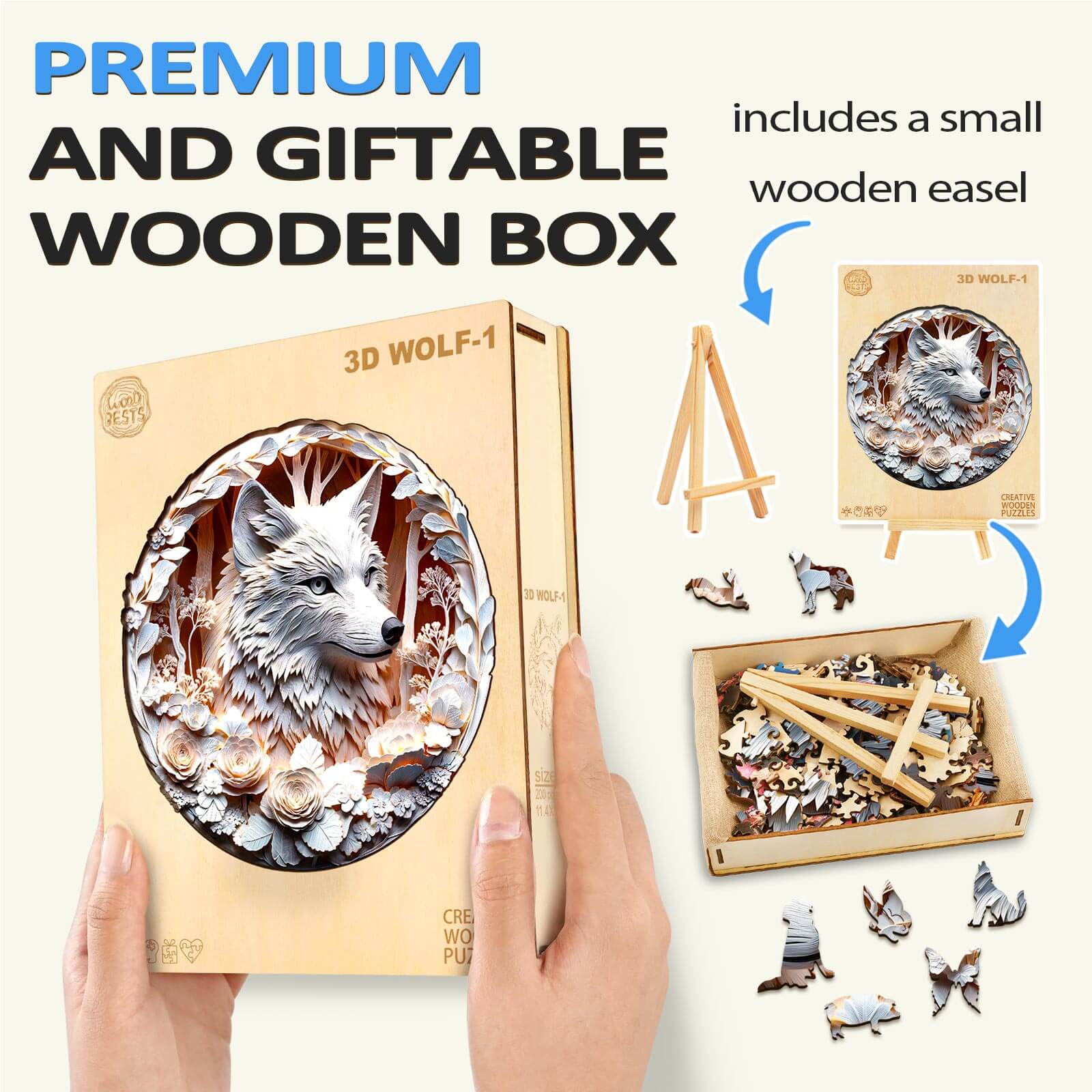 3D Wolf-1 Wooden Jigsaw Puzzle in premium gift box with small easel, showcasing intricate wolf design and puzzle pieces.