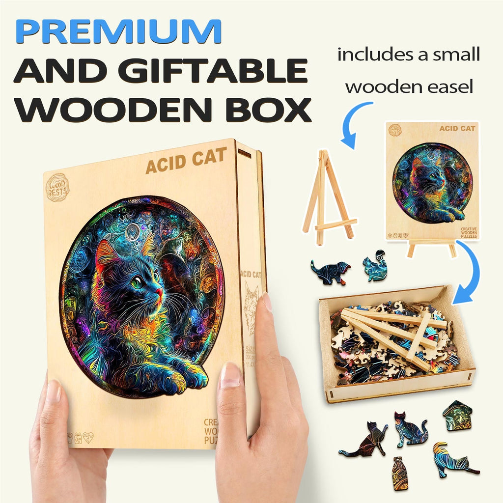 Acid Cat wooden jigsaw puzzle in a premium gift box, includes a mini easel and colorful cat pieces for mind games.