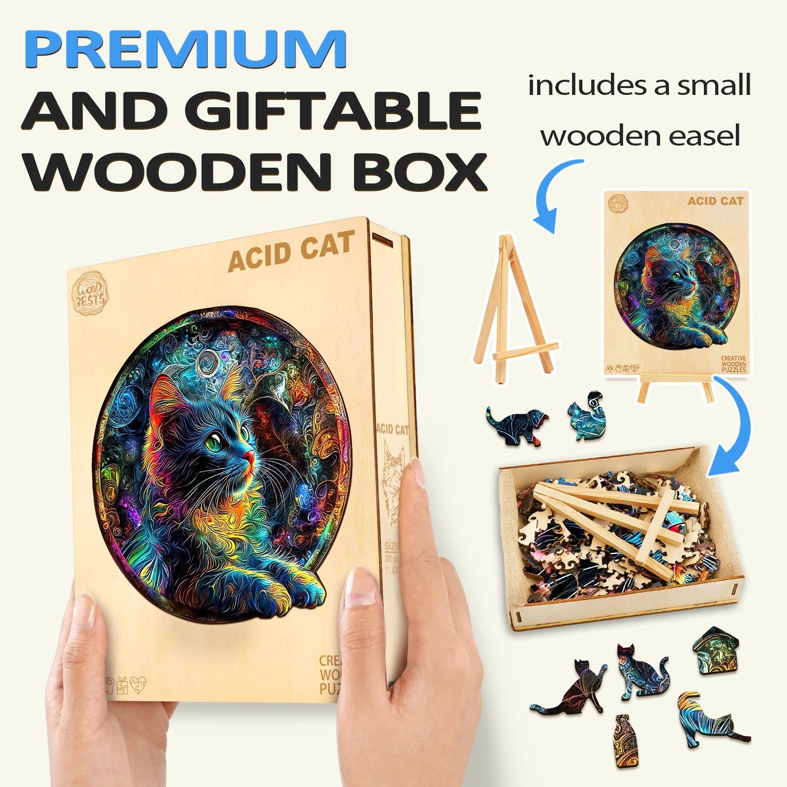 Acid Cat wooden jigsaw puzzle in a premium gift box, includes a mini easel and colorful cat pieces for mind games.