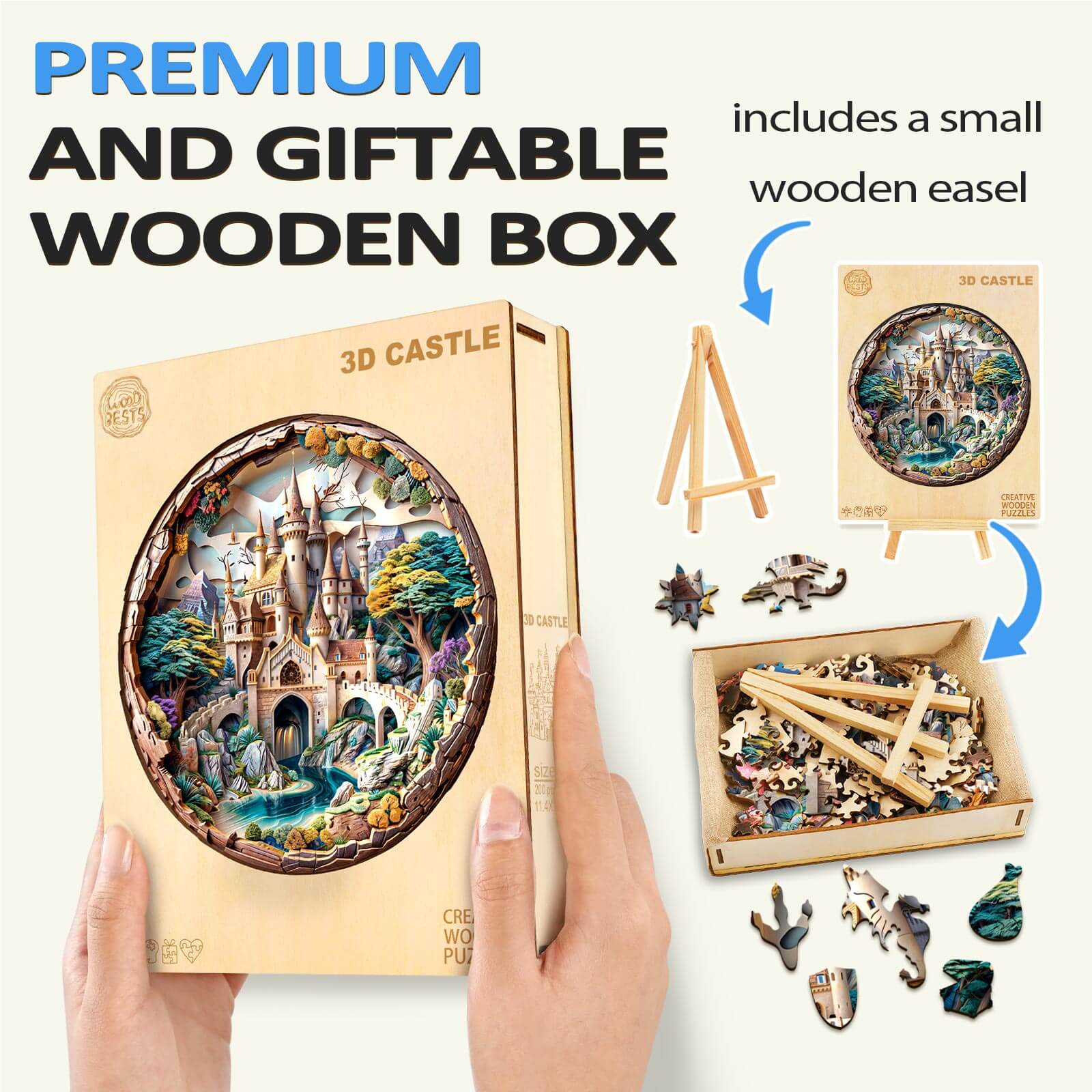 3D Castle Wooden Jigsaw Puzzle in premium box with wooden easel, perfect for gifting and enhancing focus.