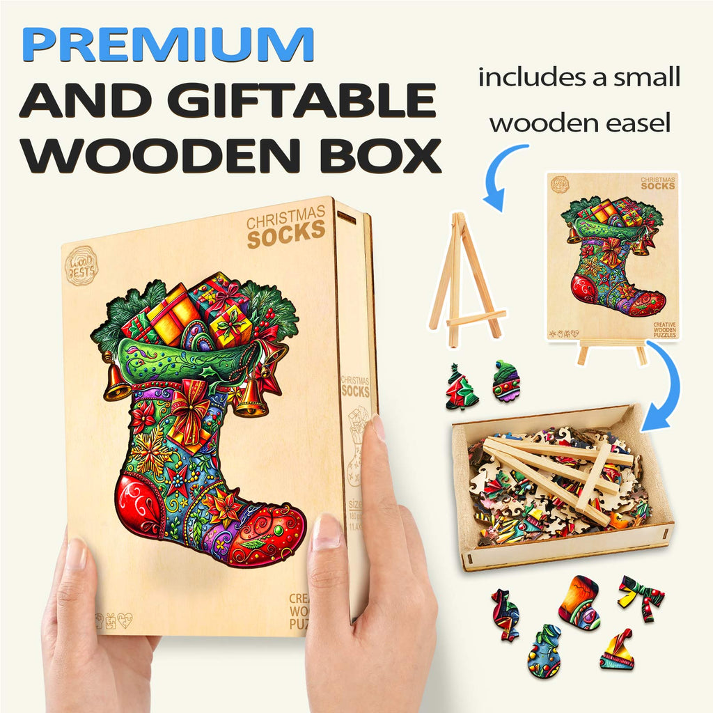 Christmas Socks wooden jigsaw puzzle in a premium, giftable box with small wooden easel and colorful puzzle pieces.
