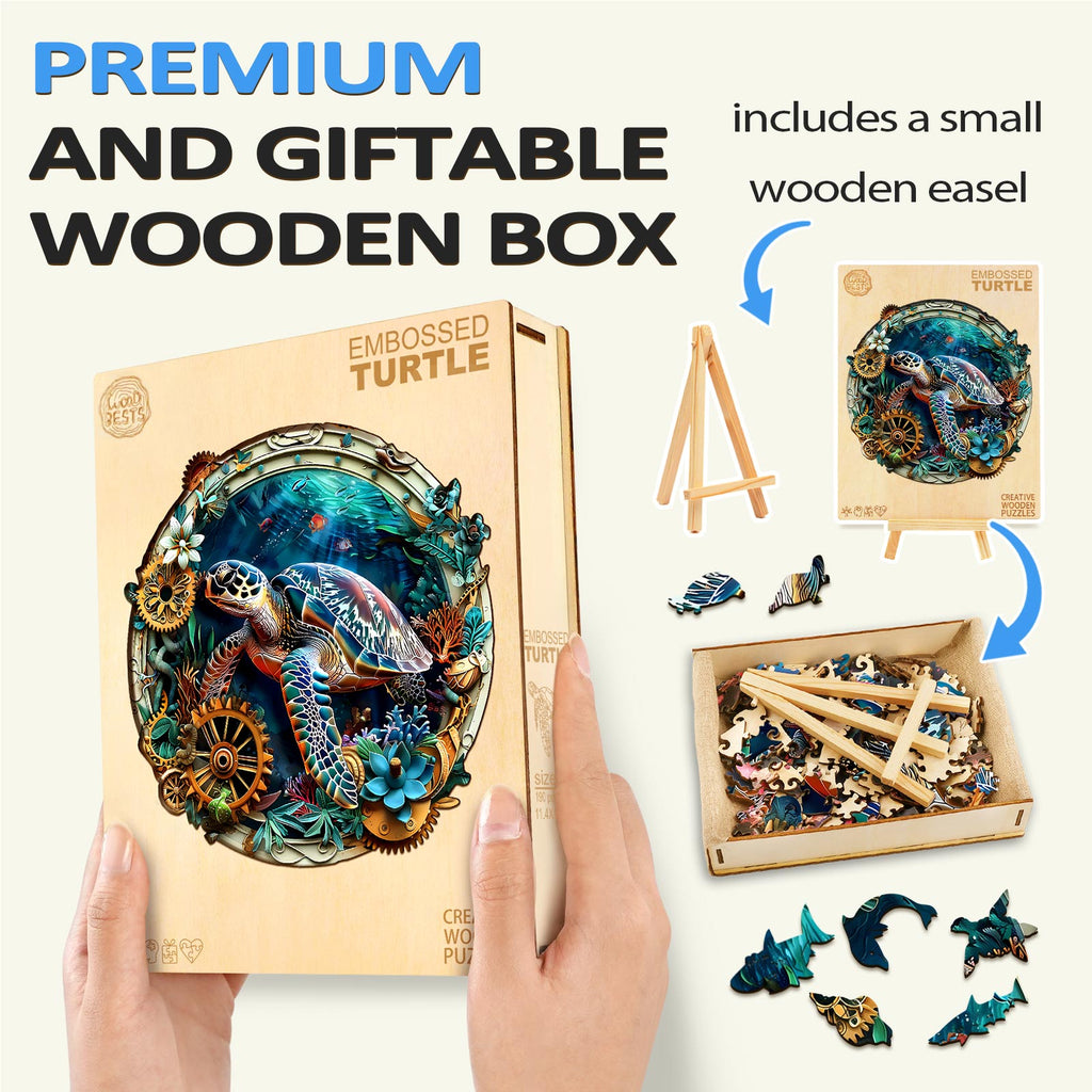 Embossed Turtle wooden jigsaw puzzle in a premium, giftable wooden box with a small easel for display.