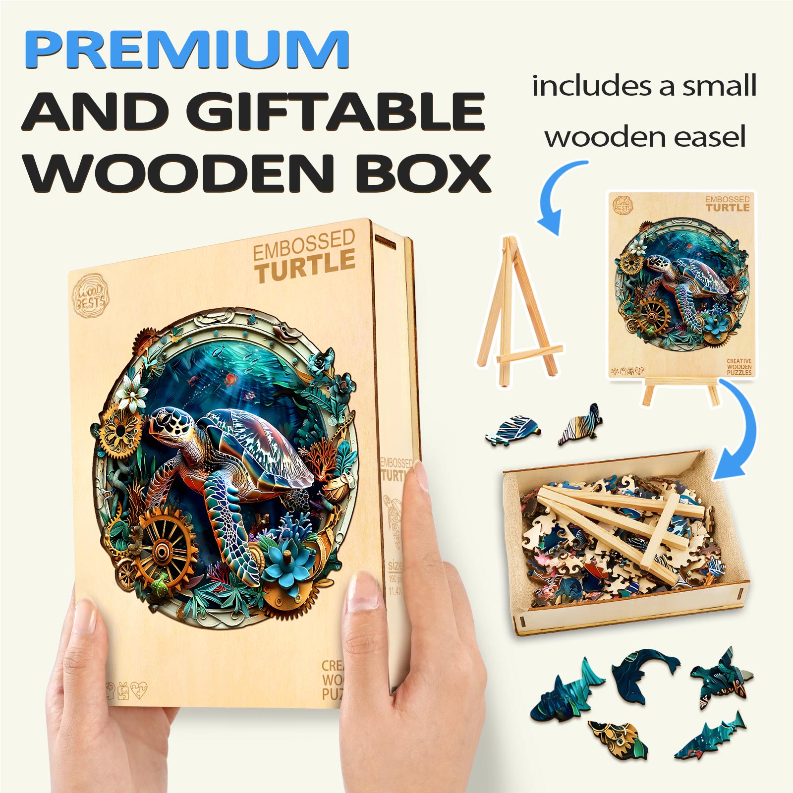 Embossed Turtle wooden jigsaw puzzle in a premium, giftable wooden box with a small easel for display.