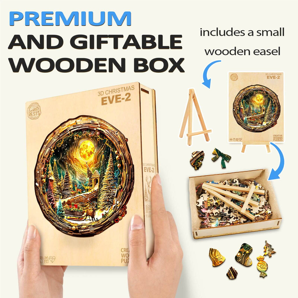 3D Christmas Eve-2 wooden jigsaw puzzle box featuring a small easel and colorful pieces for gift giving and brain games.